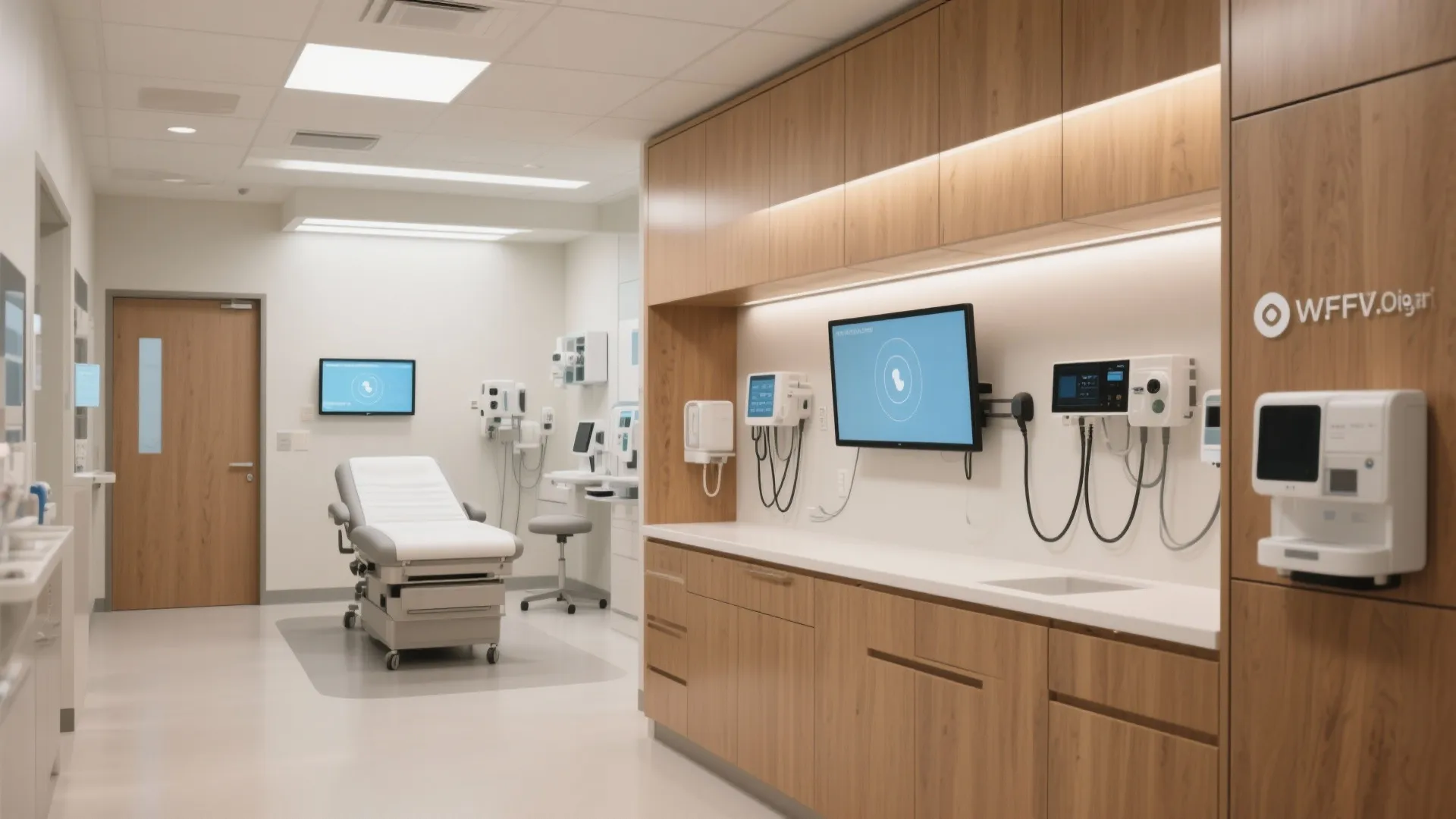 Clean hospital examination room with white patient bed wooden cabinets wall monitors and medical equipment