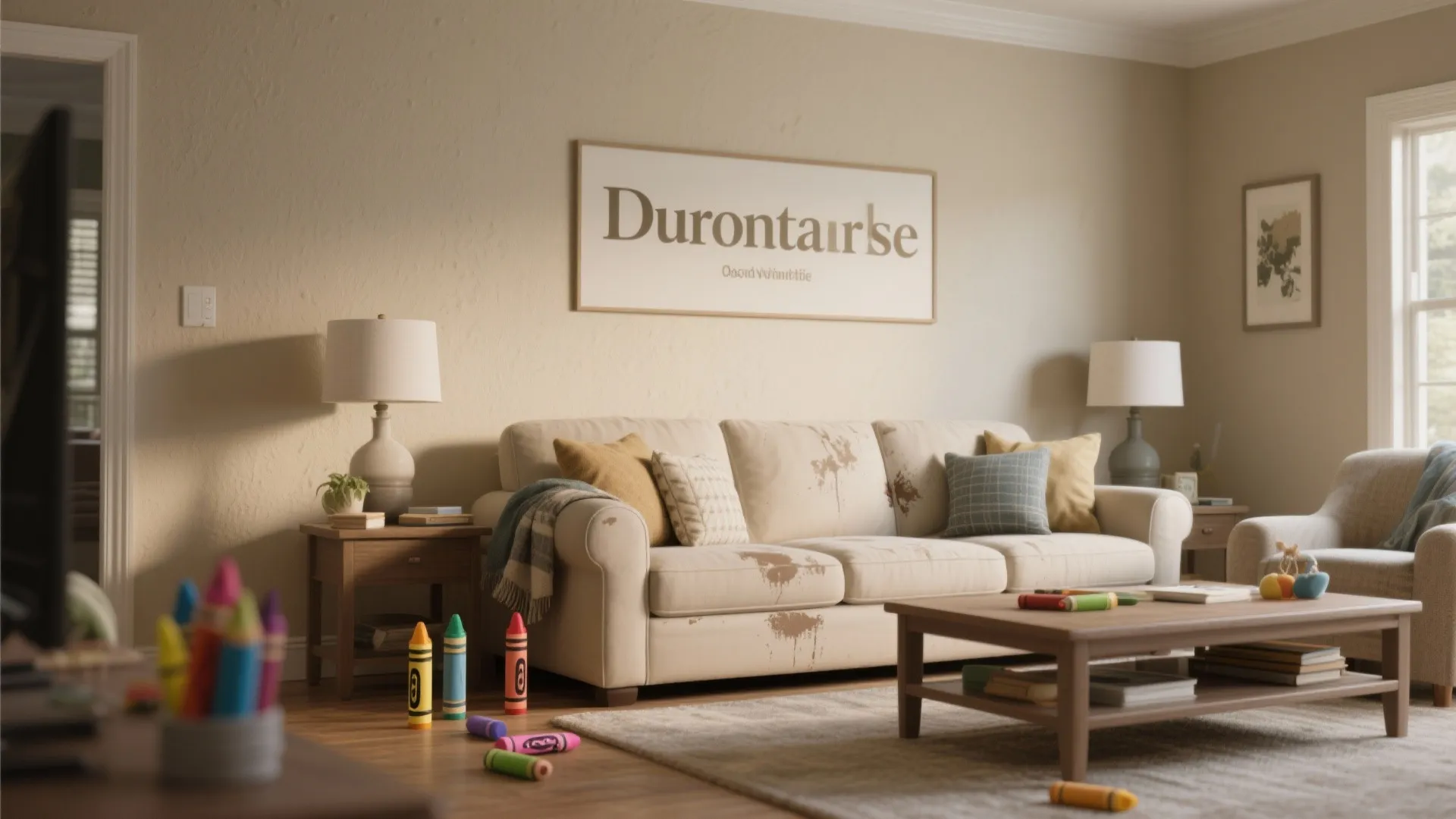 Living room with stained beige sofa coffee table and colorful crayons scattered on the floor