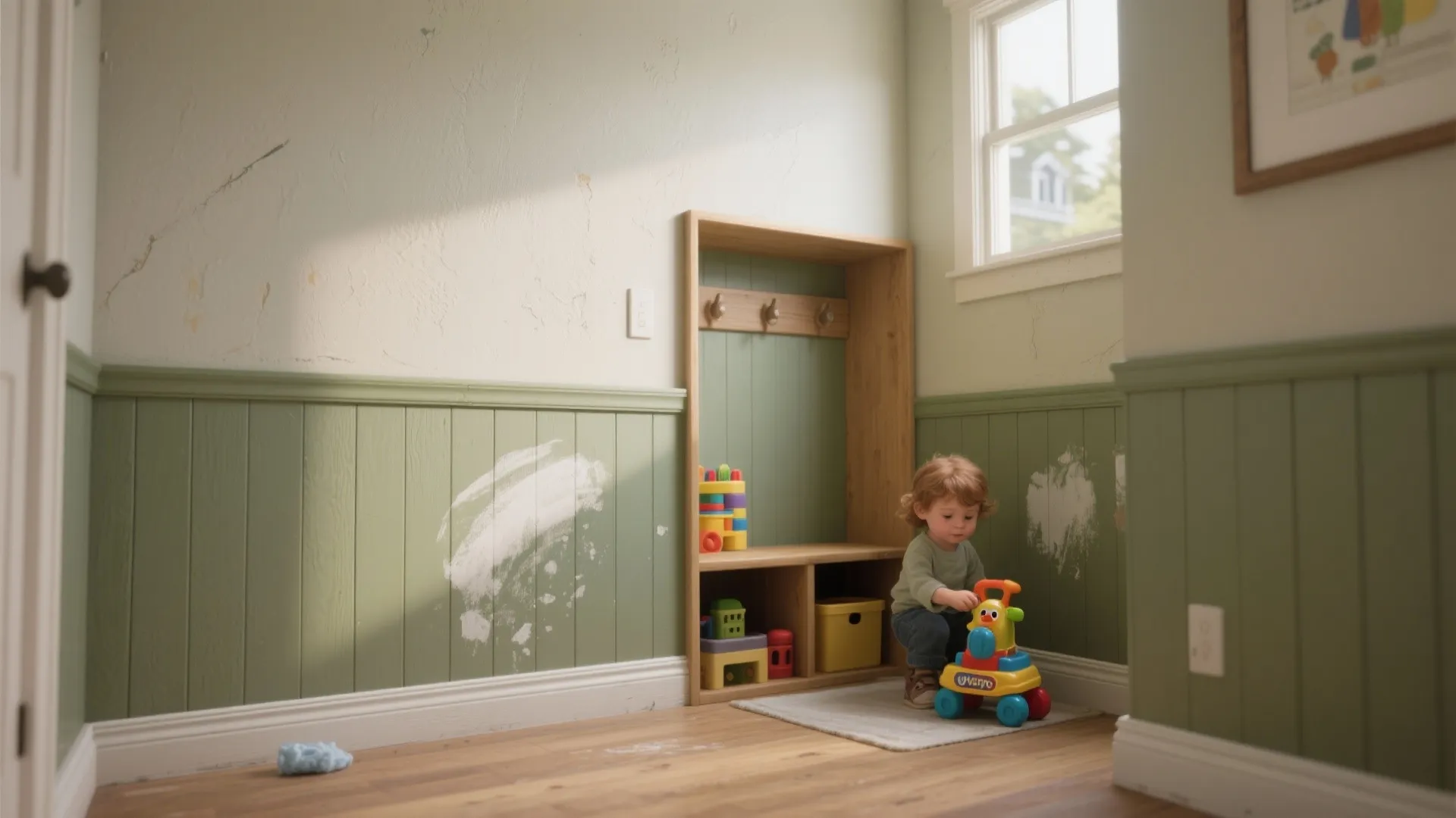 Small child playing with colorful toys in a room featuring green wall panels and window