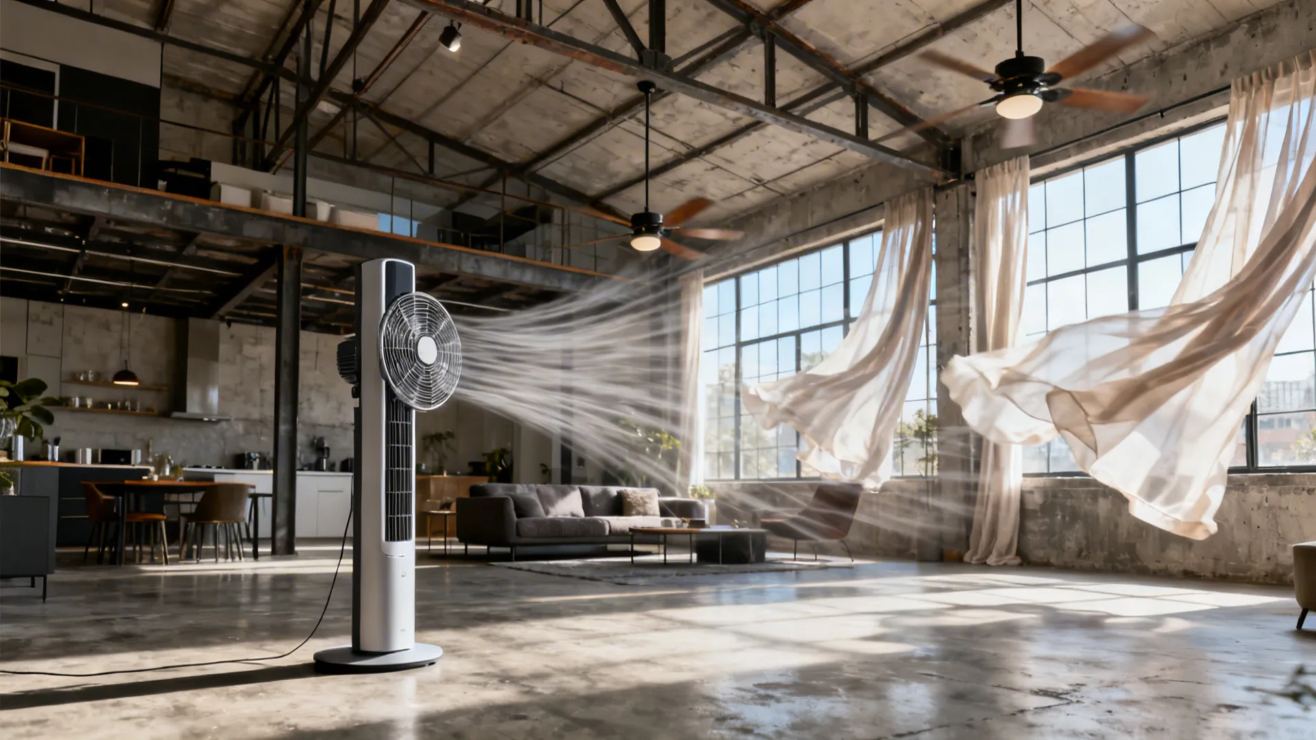 Open-plan loft with a high-velocity tower fan creating airflow across the room