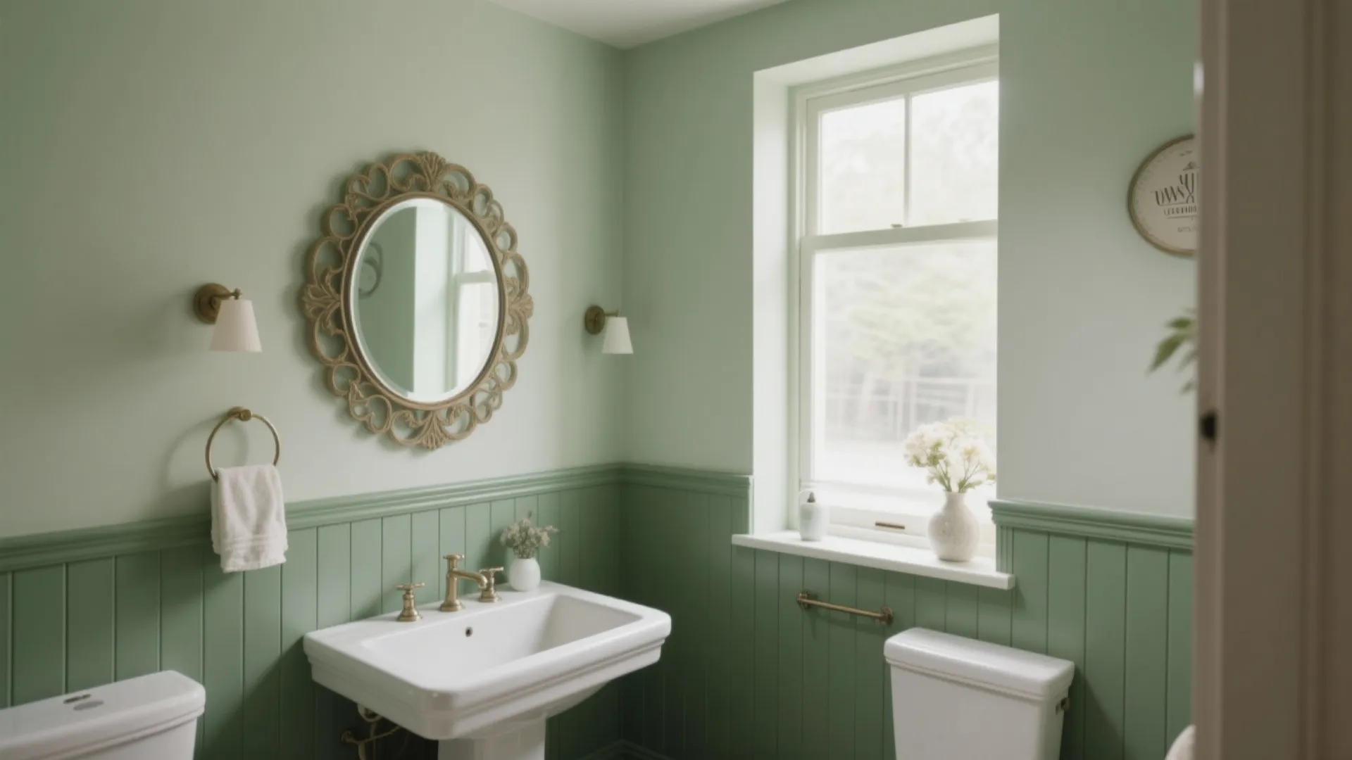 Light green bathroom with vertical wall panels, round mirror, white sink, toilet, window, and lights