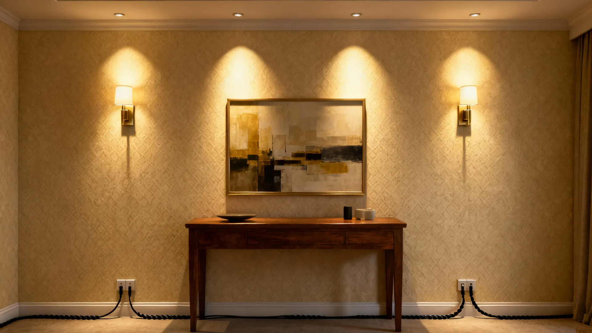 Wall sconces mounted high on the wall casting upward light to visually raise a low ceiling