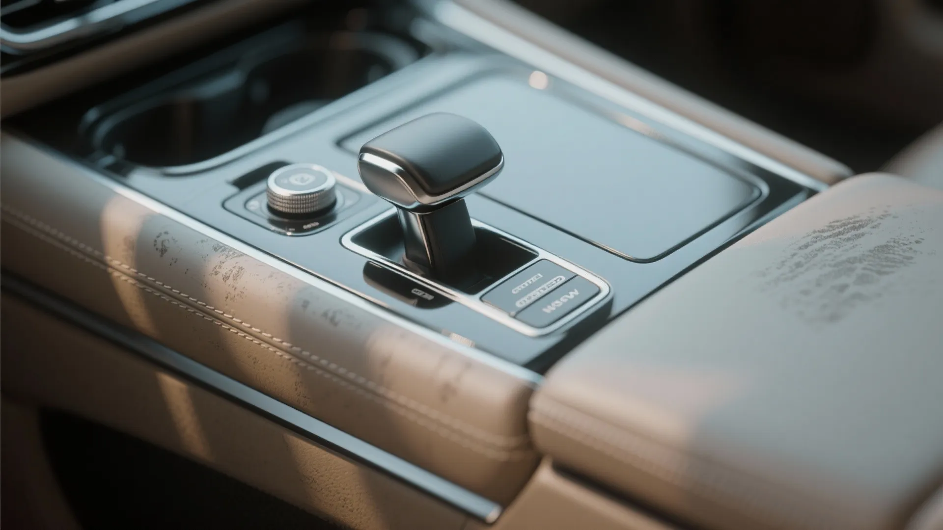 Center console of a car showing worn beige leather material around the black gear shift