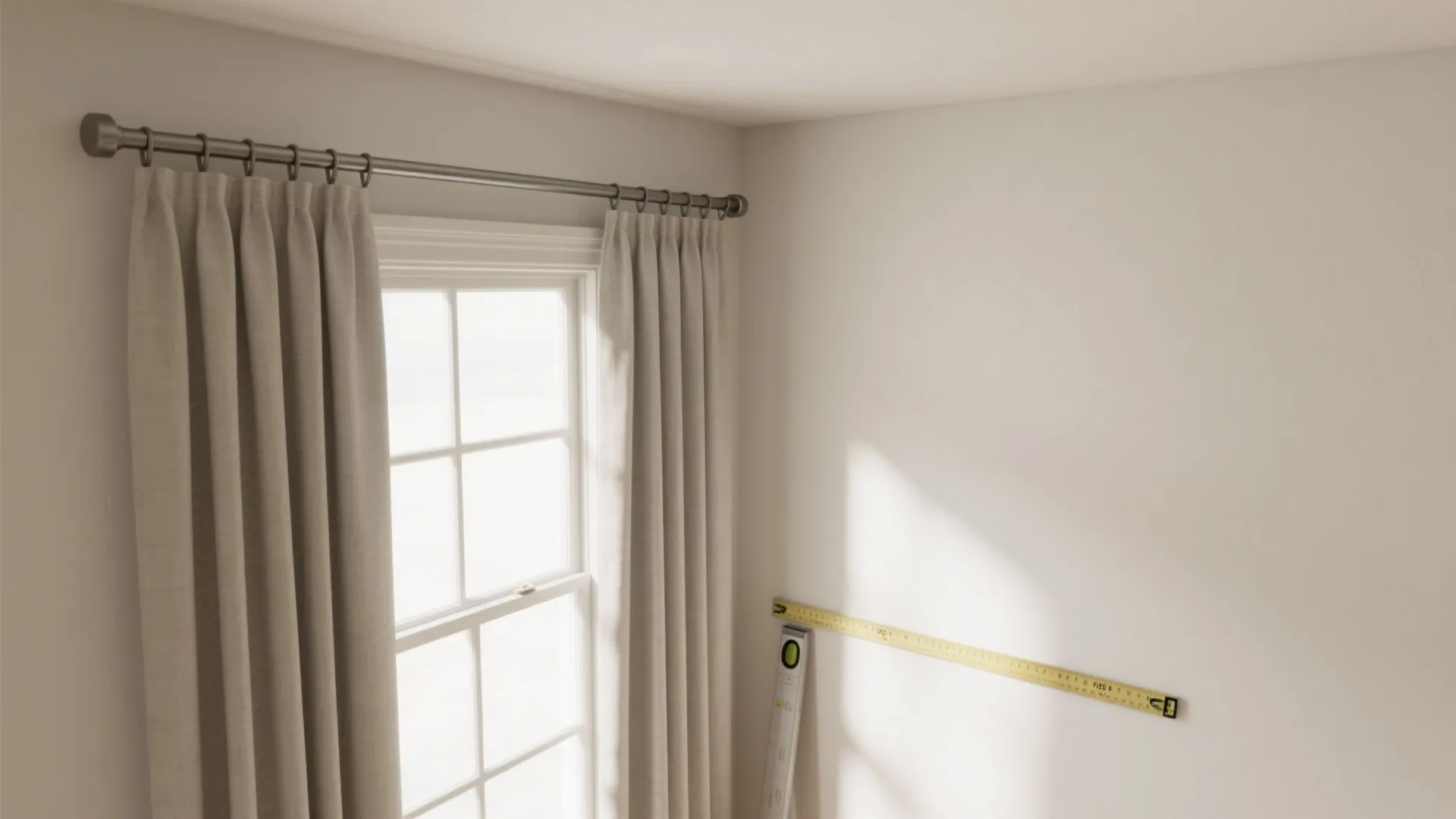 Top-down view of a window wall with a ceiling-high track extending wide past the frame and panels stacked off the glass.