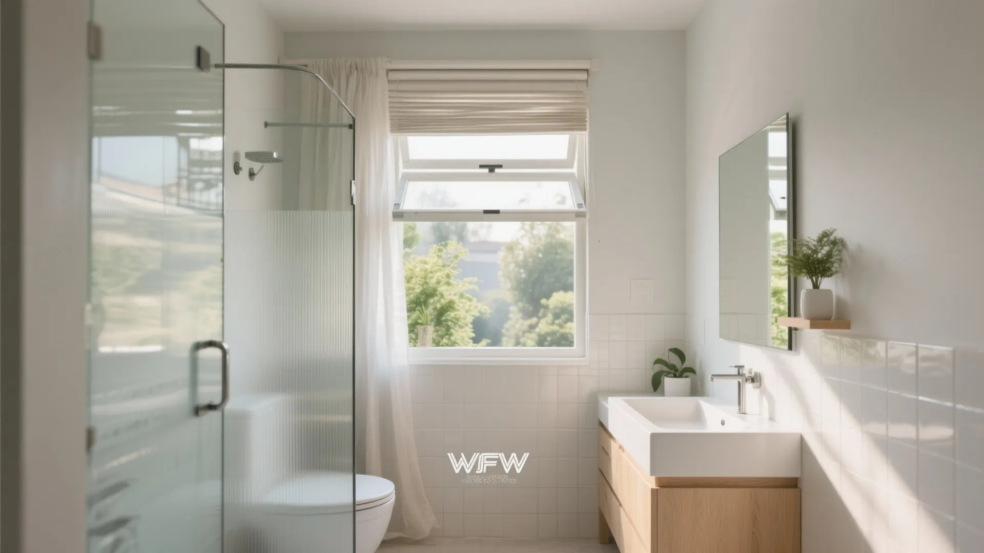 Small bathroom with a high operable awning window and transom creating natural ventilation.