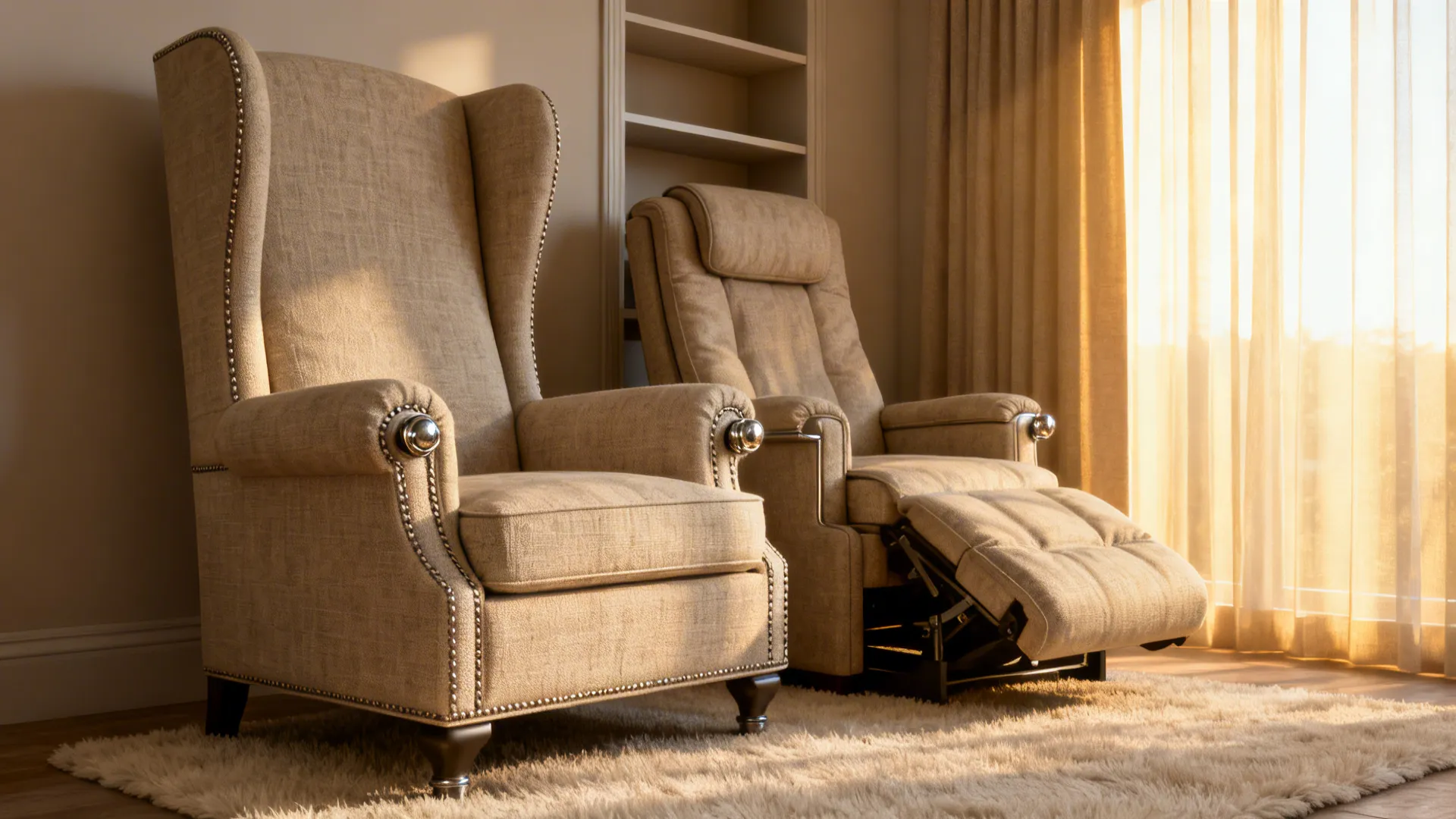 High-back wingchair and full-height recliner offering neck and head support in a tidy living room corner