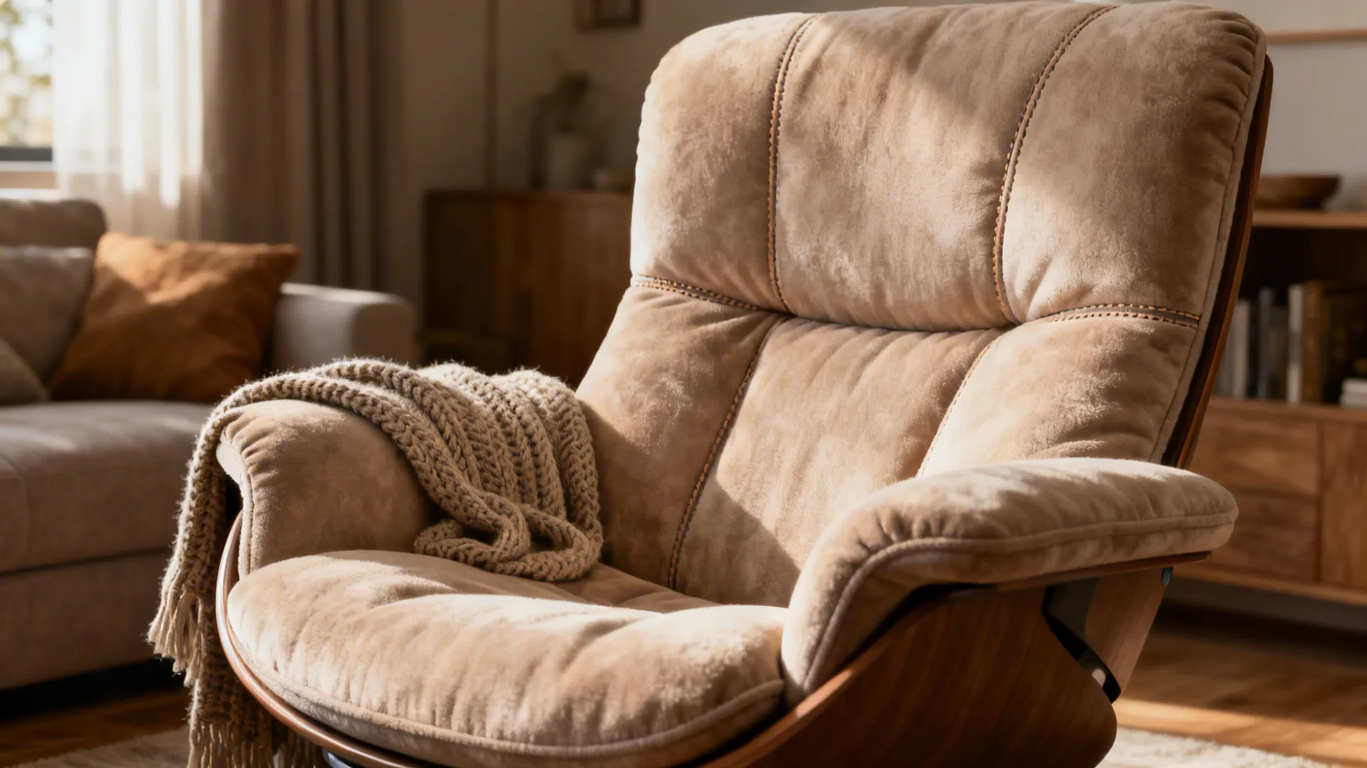 Close-up of a plush high-back swivel chair showing fabric texture and neck support.