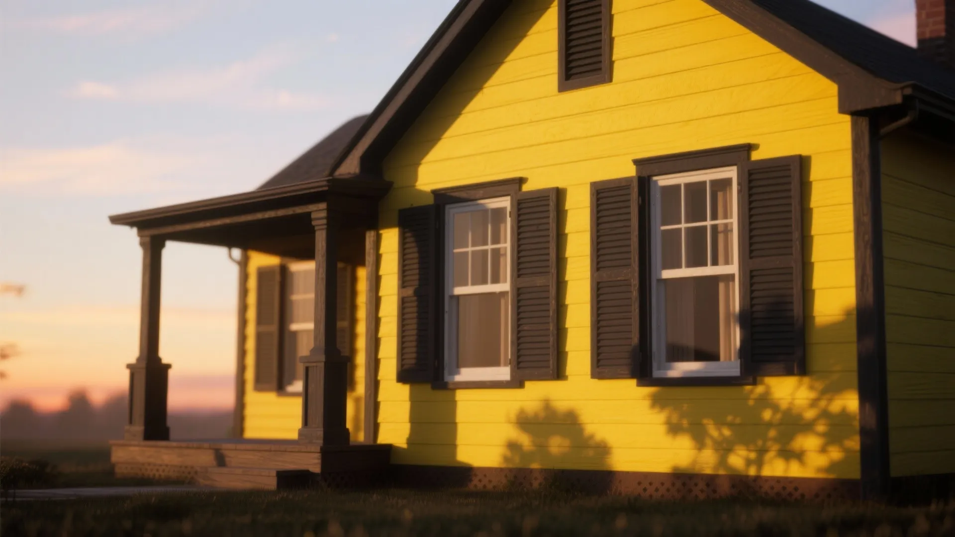 Yellow house with dark grey window shutters and front porch under soft sunset lighting design