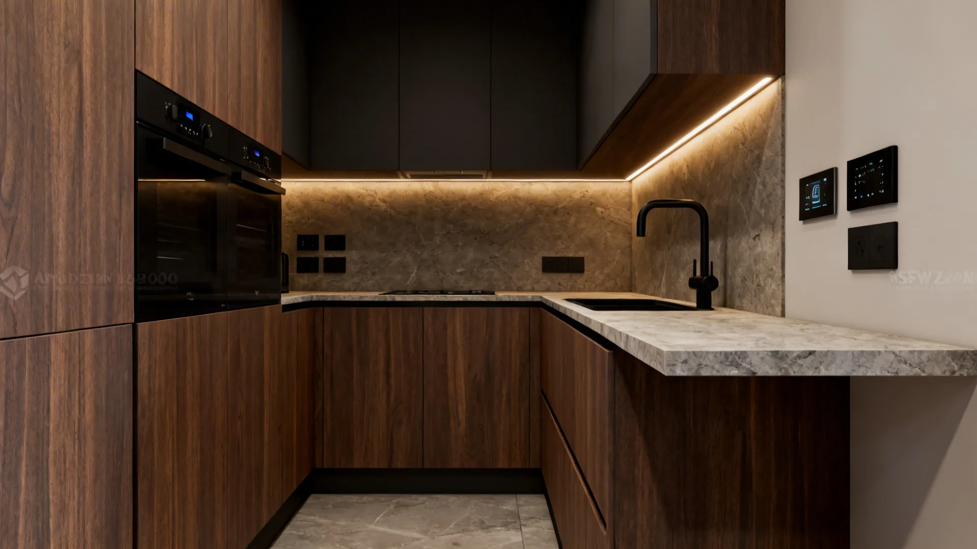 Luxury small kitchen with custom cabinetry, stone surfaces, and integrated premium appliances.