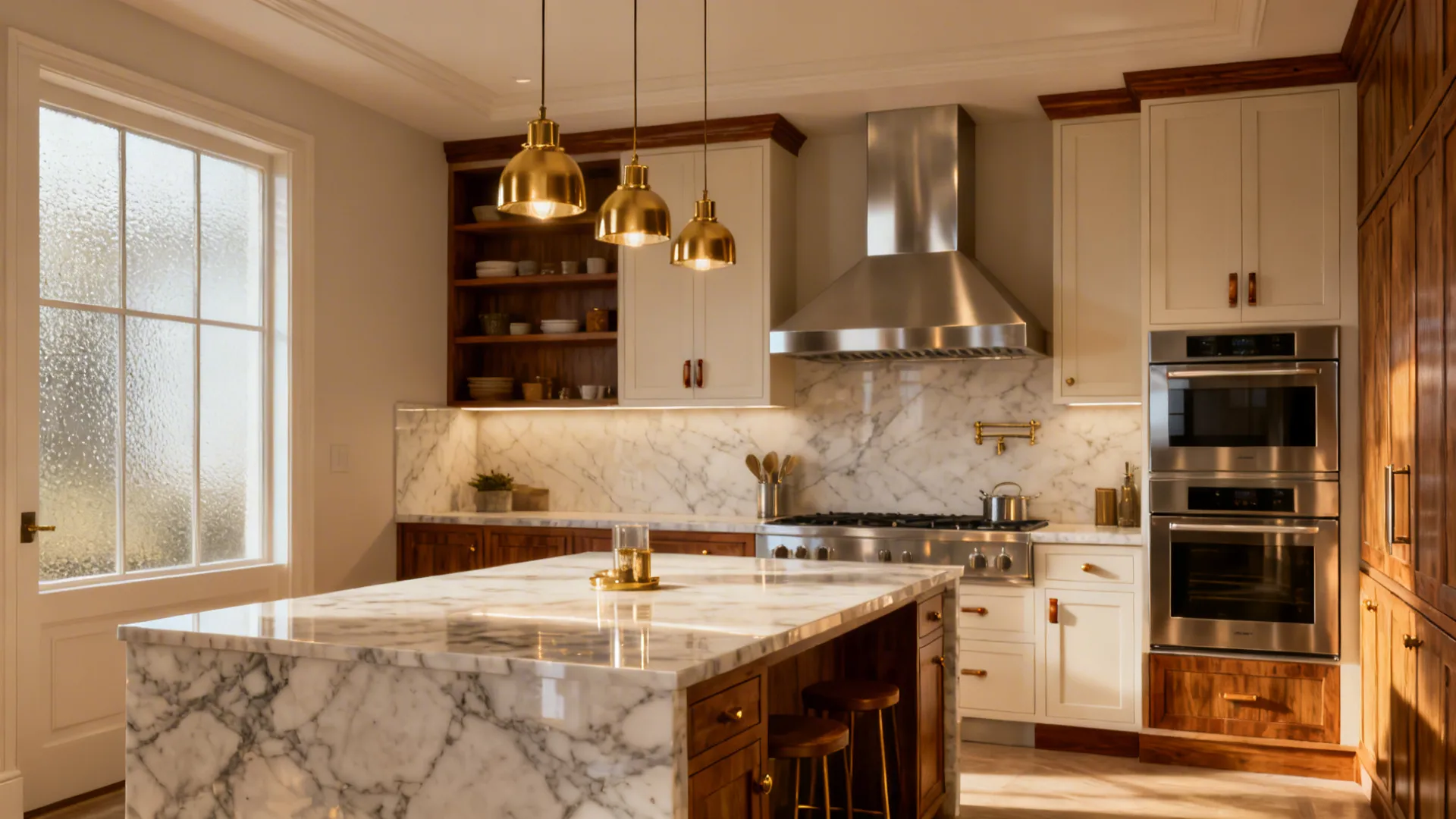 High-end small kitchen with custom cabinets, integrated appliances and premium engineered stone counters.