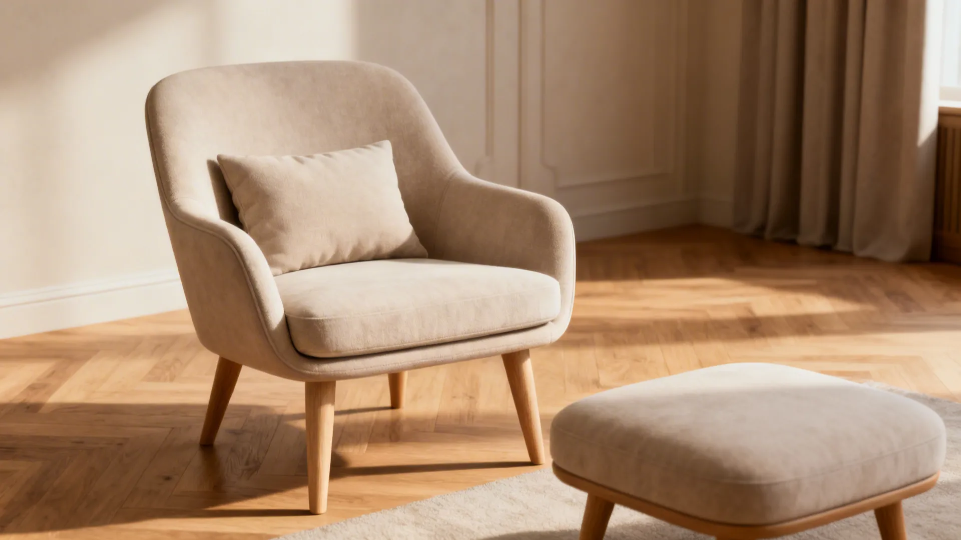 Higher seat chair (17–19 in) with tapered legs and a low ottoman for lounging