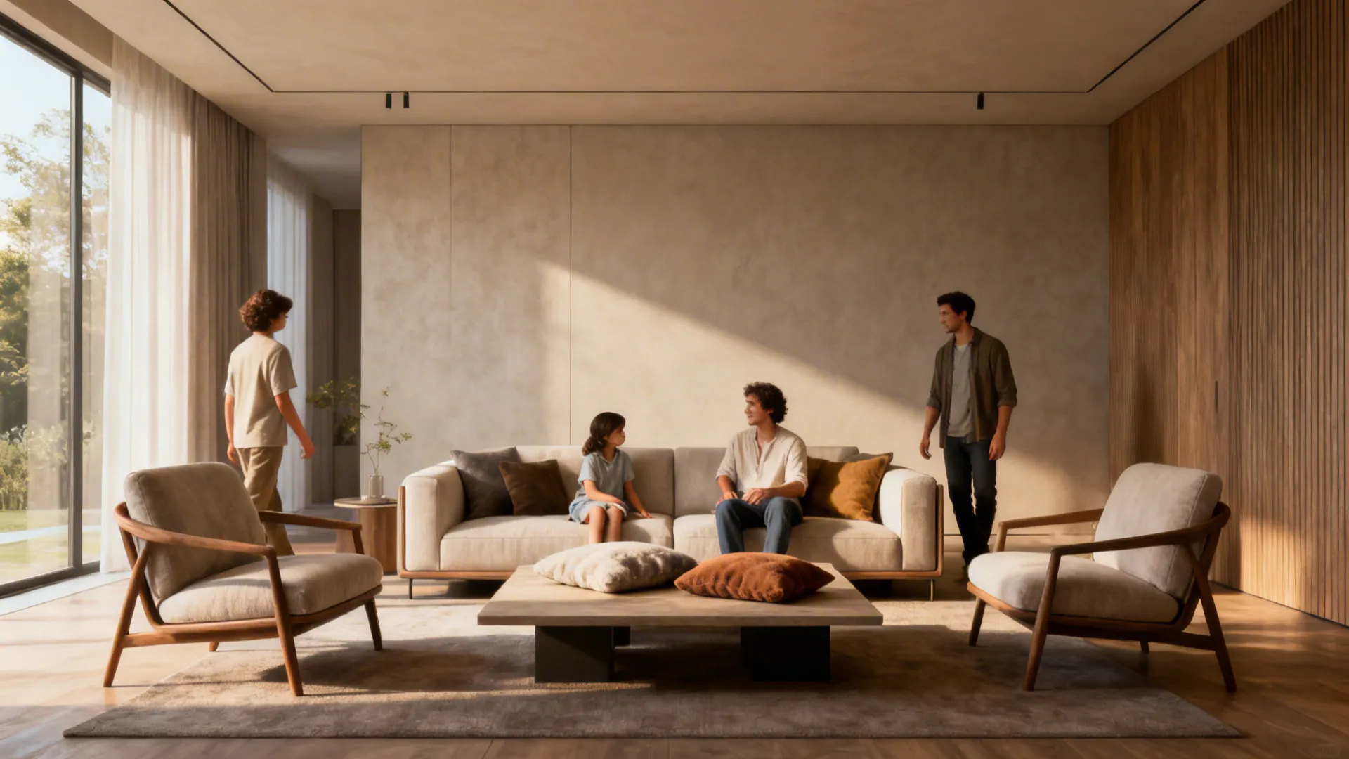 Modern living room with people sitting on beige sofa near two chairs and large window