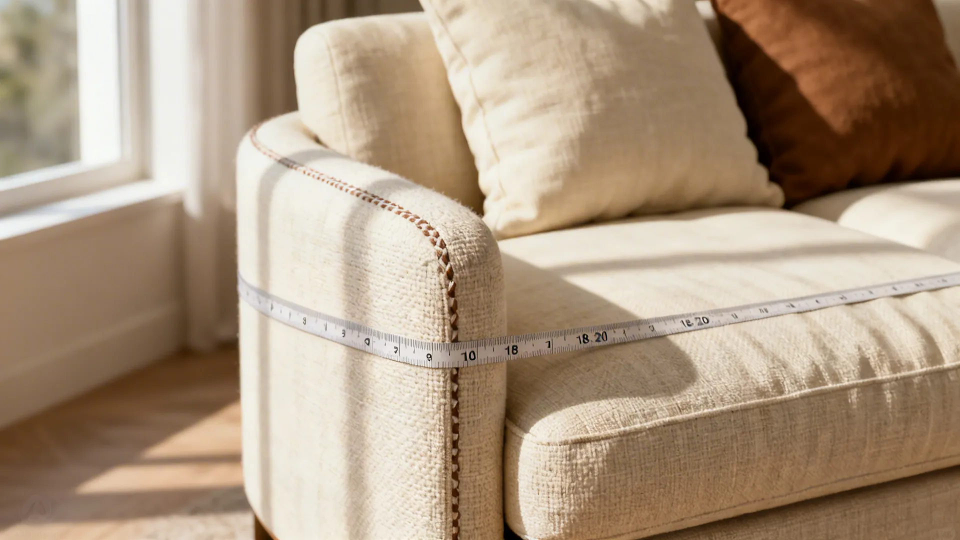 Close-up of an elevated sofa seat (18-20 inches) with deep cushions and textured upholstery