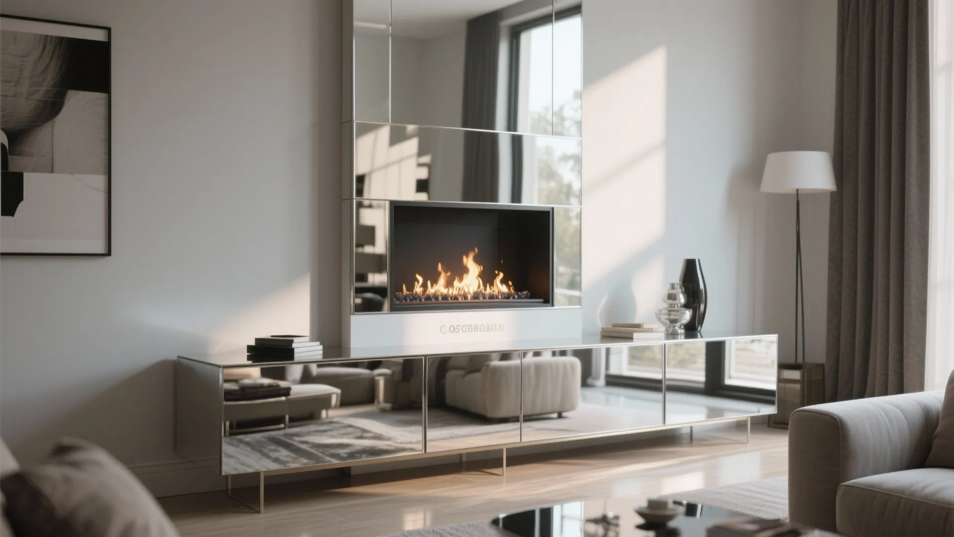 Modern living room with mirror cabinet containing a fireplace and a white floor lamp near sofa