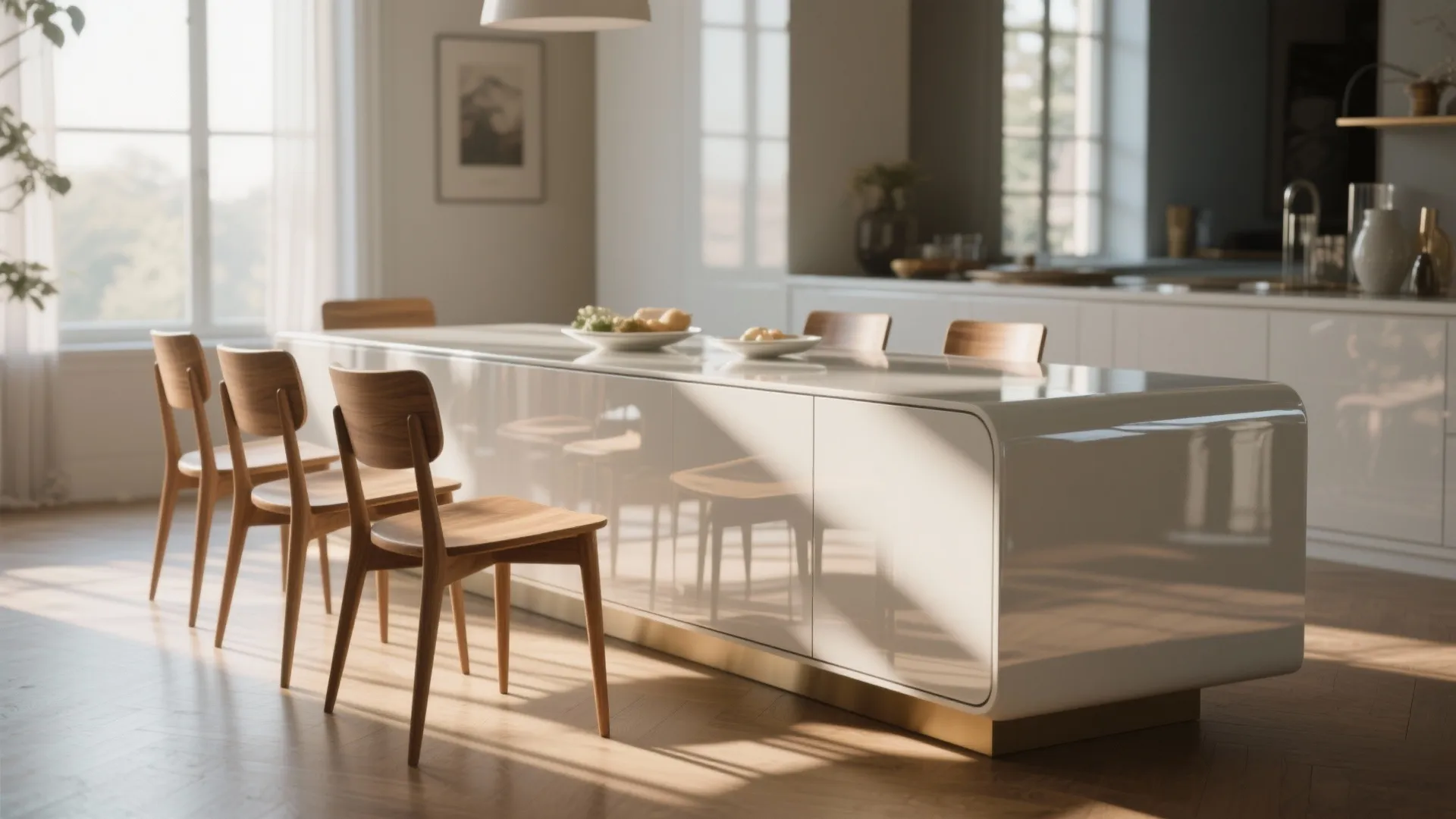 5. High-gloss statement piece with natural wood accents