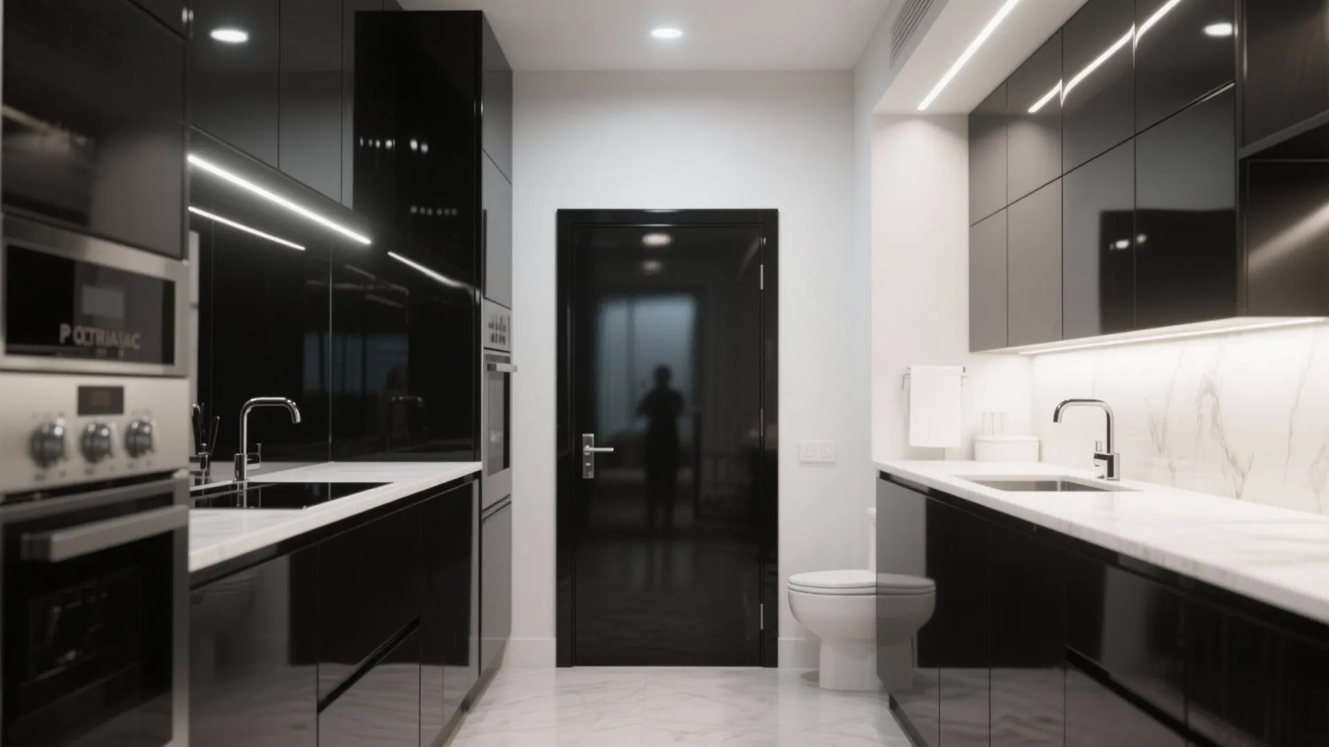 Modern high gloss black kitchen with white marble countertops and a black door in background