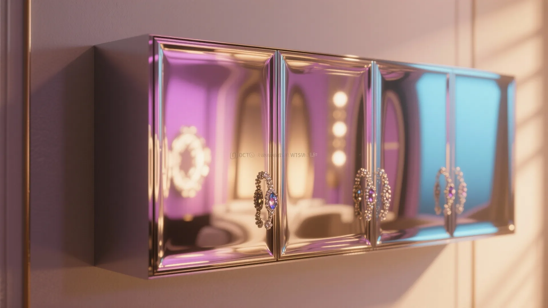 Modern wall cabinet with high gloss silver doors and decorative handles in a purple room layout