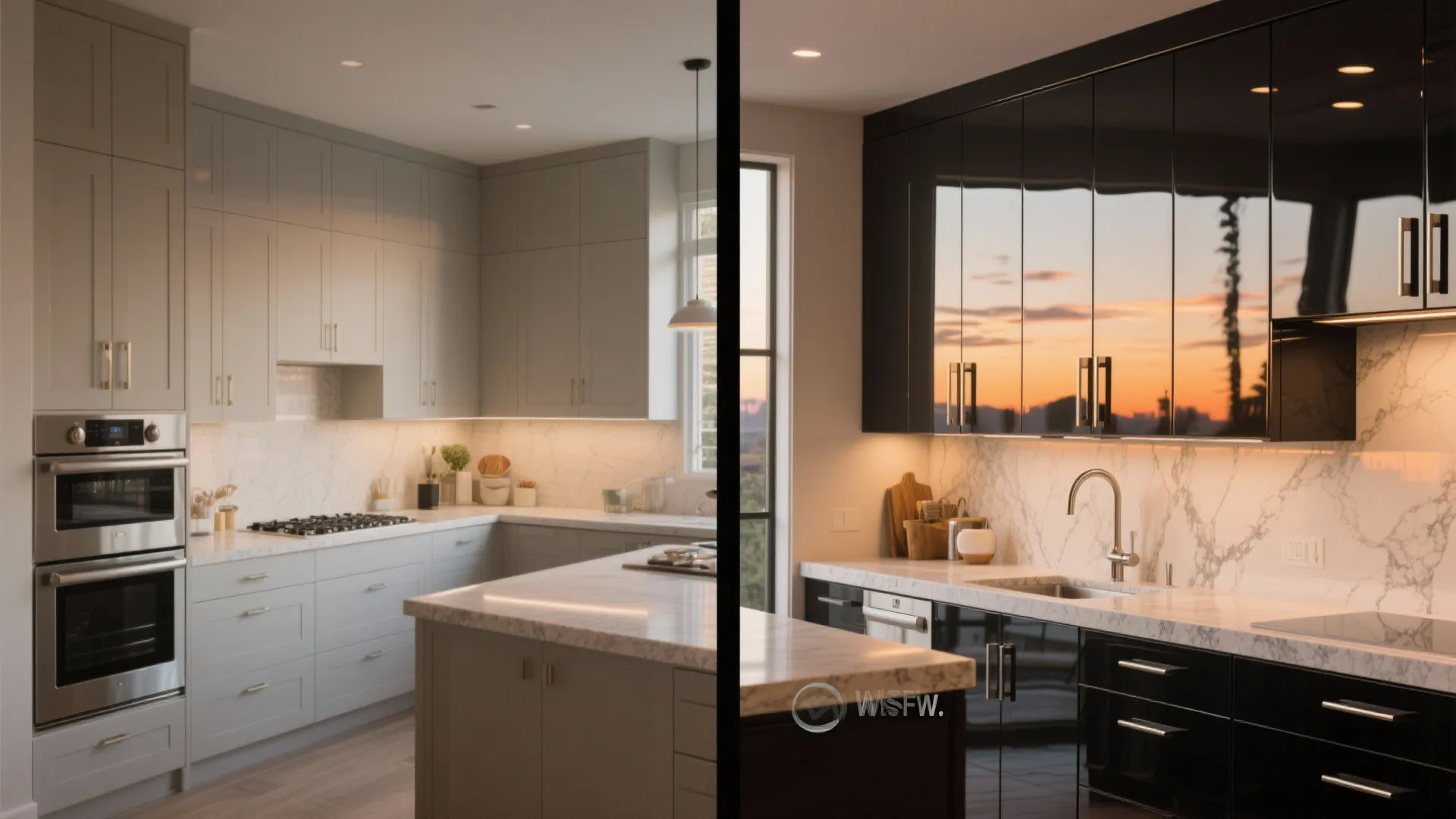 Comparison of matte grey kitchen cabinets versus high gloss black cabinets reflecting a sunset view