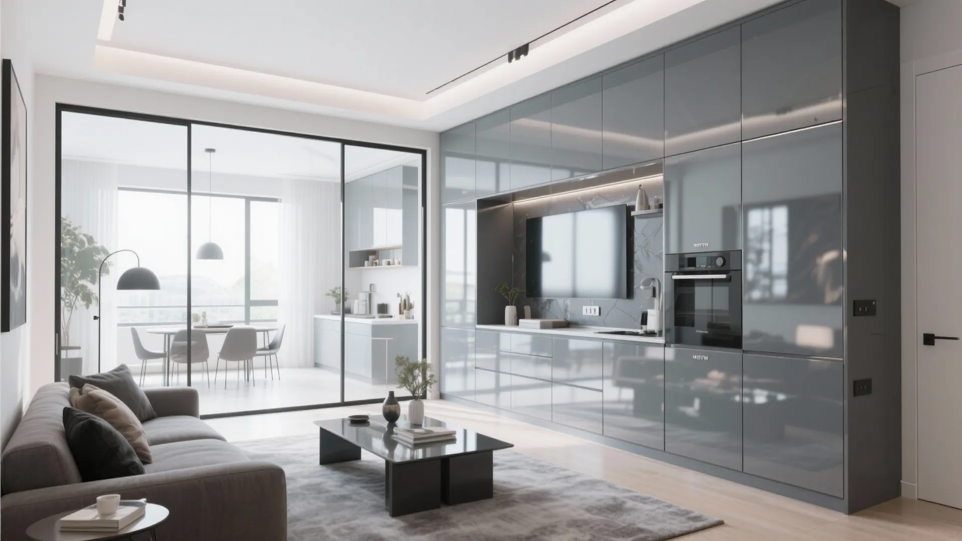 Living room with reflective high-gloss grey cabinets and glass partitions
