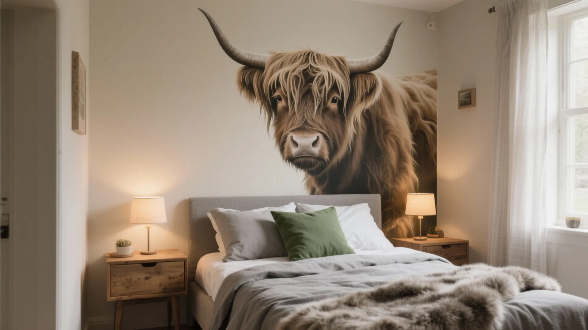 Modern bedroom with highland cow wall art over bed with wooden side tables and lamps