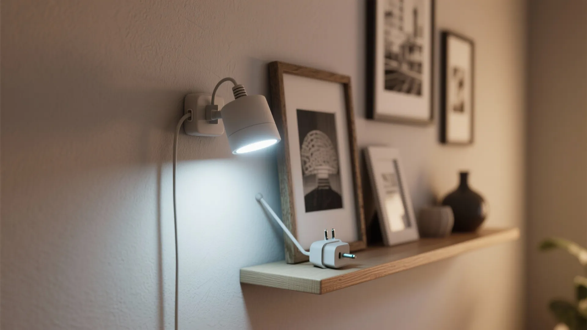 Clip-on plug-in LED light highlighting a gallery wall and floating shelf in a rental