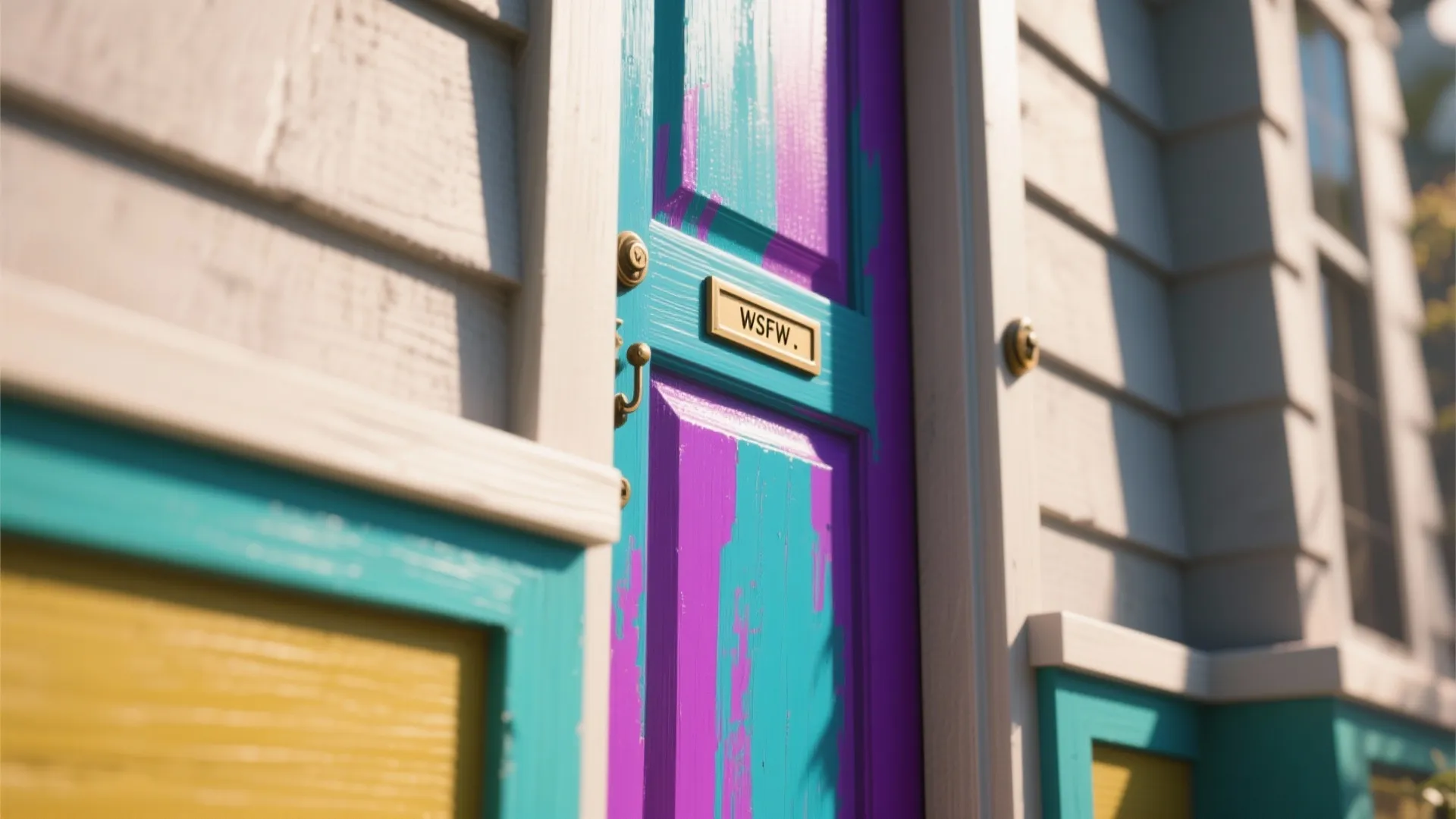 Close-up of a boldly colored front door showing paint texture and hardware details.