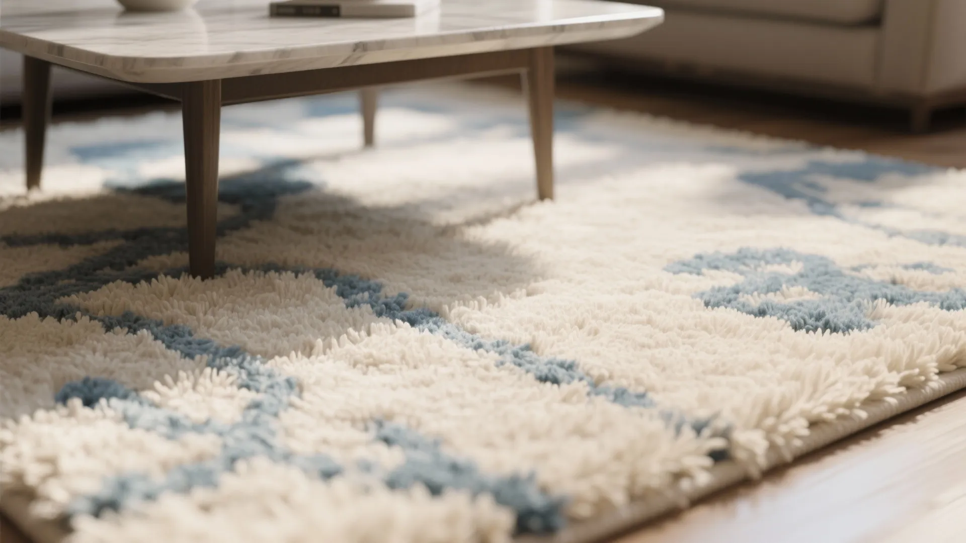 Close-up of a plush cream high-pile rug with subtle blue motifs and rich texture.