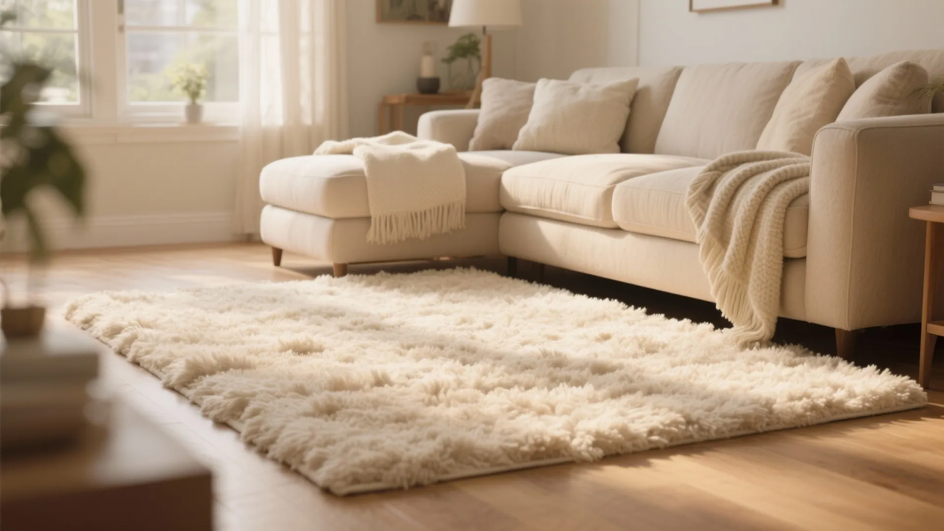 Cozy living room interior featuring a soft white rug, beige sofa, blankets, and natural sunlight