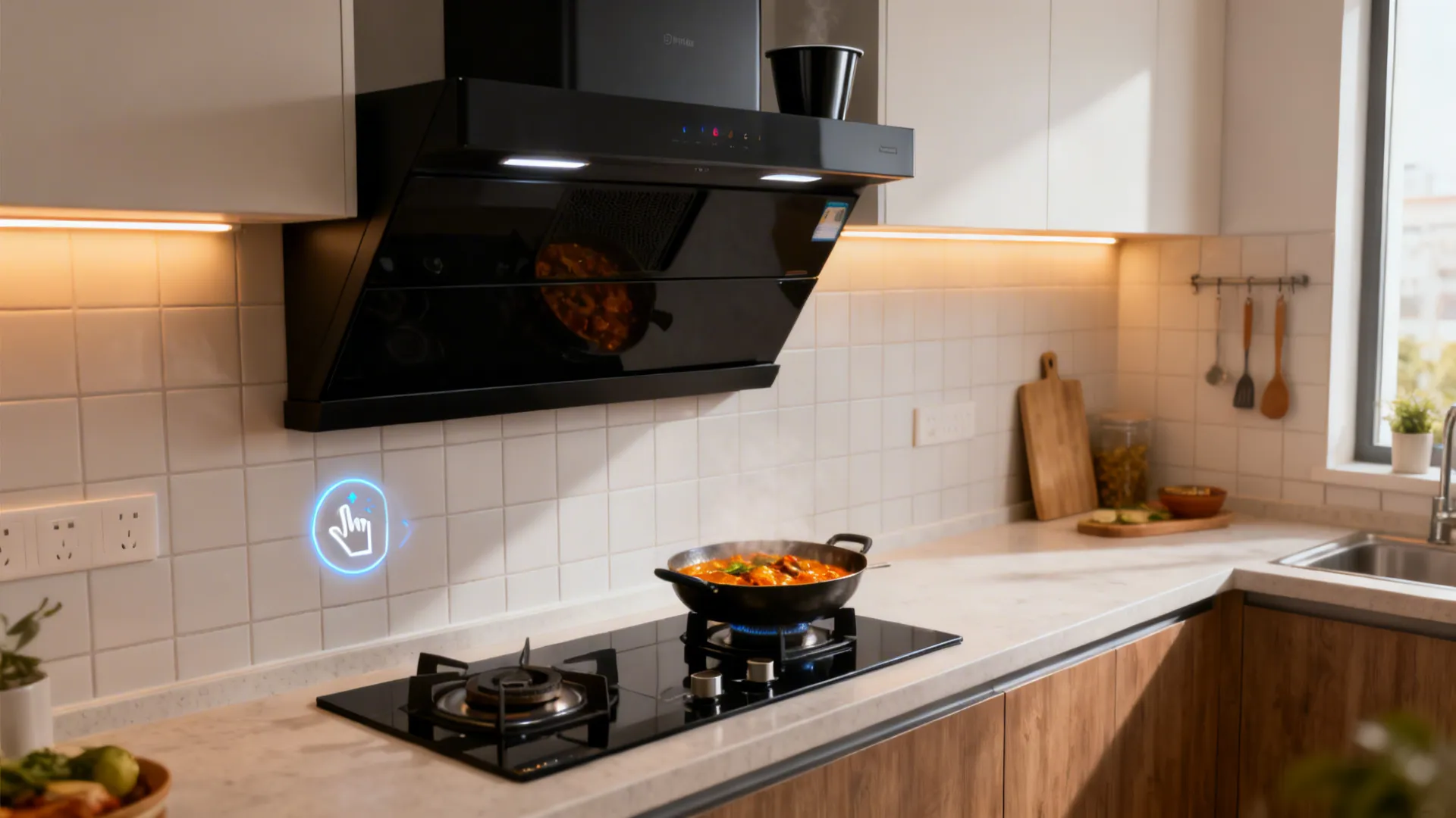 Compact kitchen with matte black auto-clean chimney and oil collector cup.