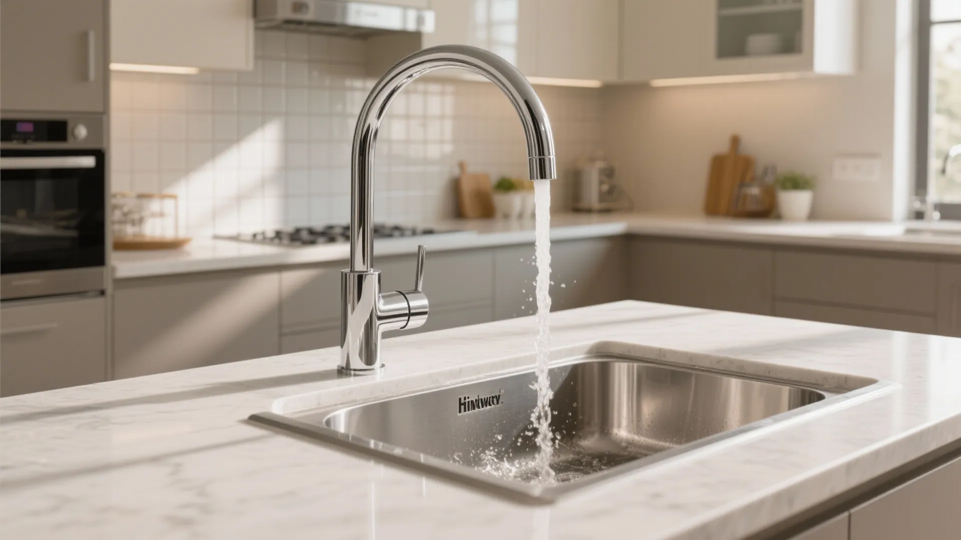 Chrome kitchen tap running water into stainless steel sink on marble island with light cabinets