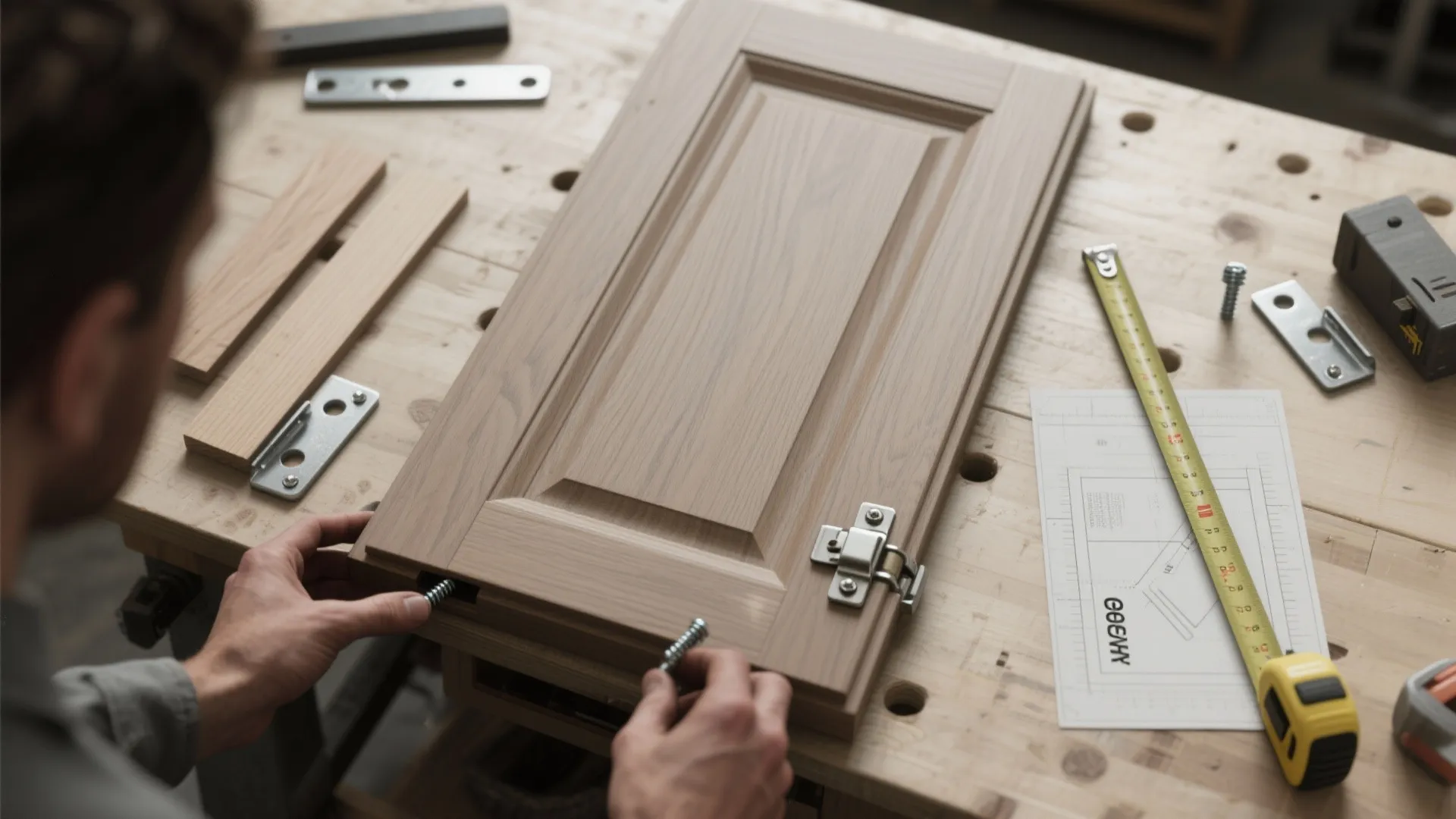 Person installing metal hinge onto wooden cabinet door with screws measuring tape and interior design drawing