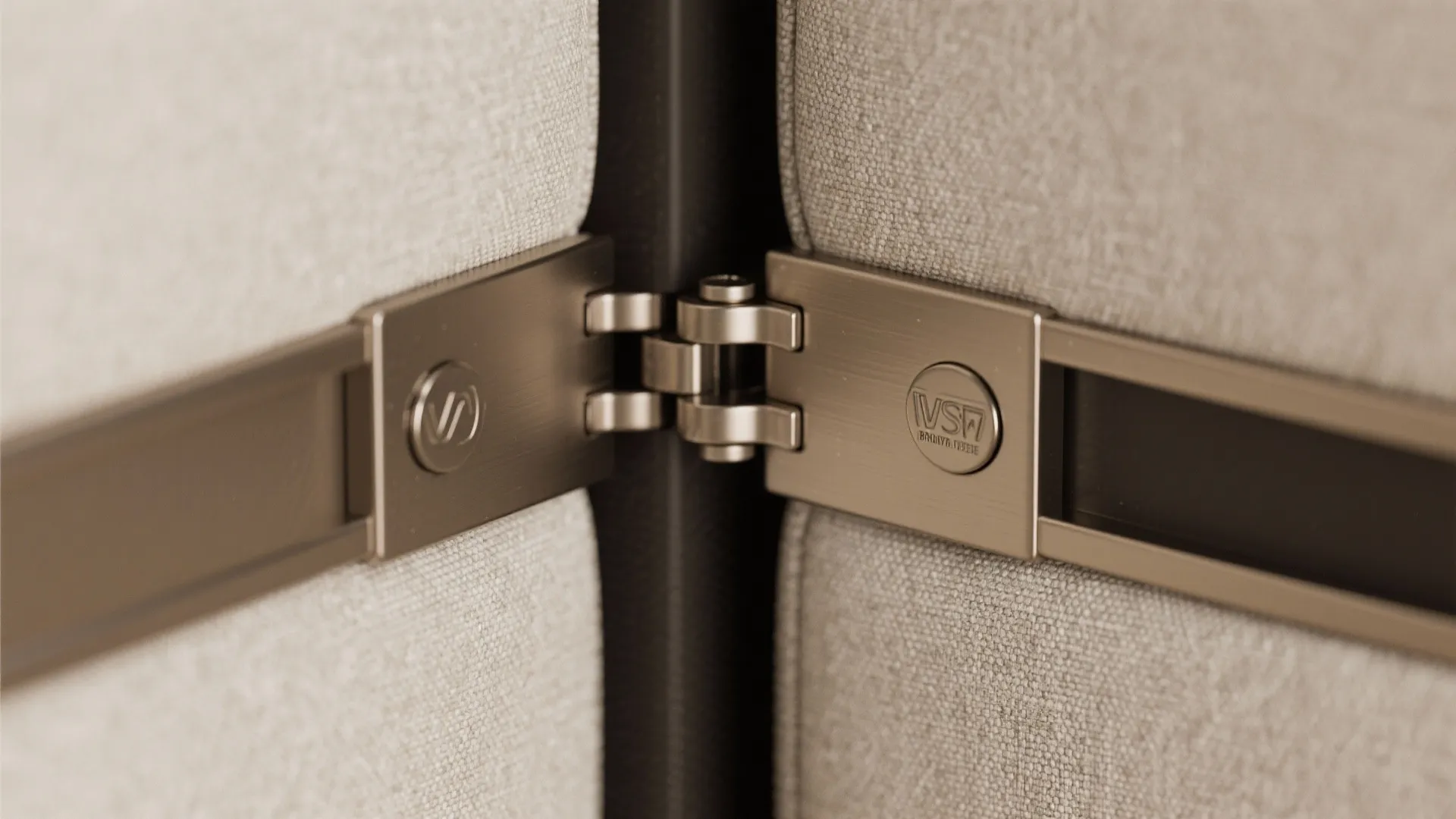 Close up view of metal furniture hinge connecting two light grey textured panels with circular logo