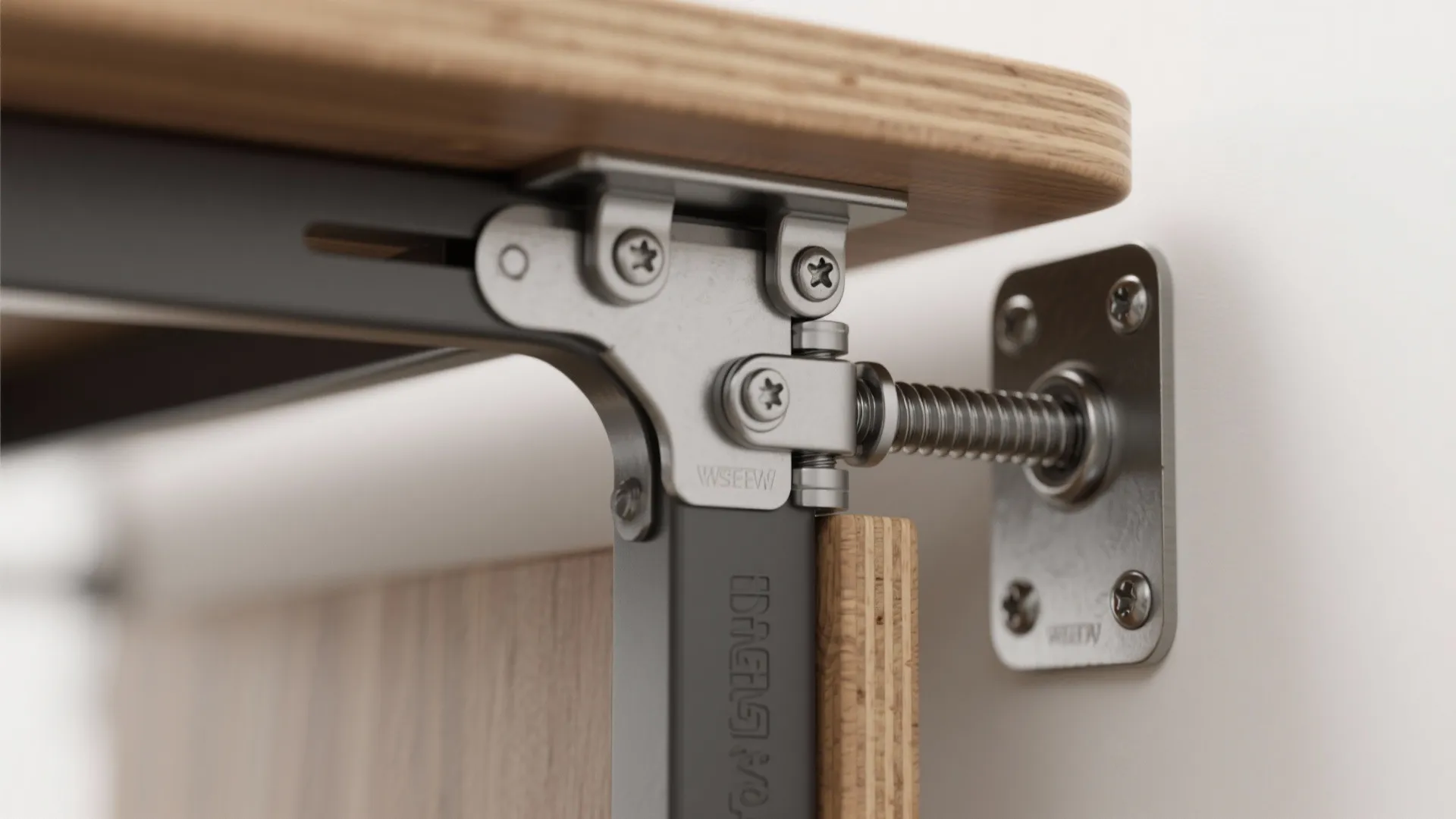 Close up view of metal hardware connecting a wooden table top to a white wall