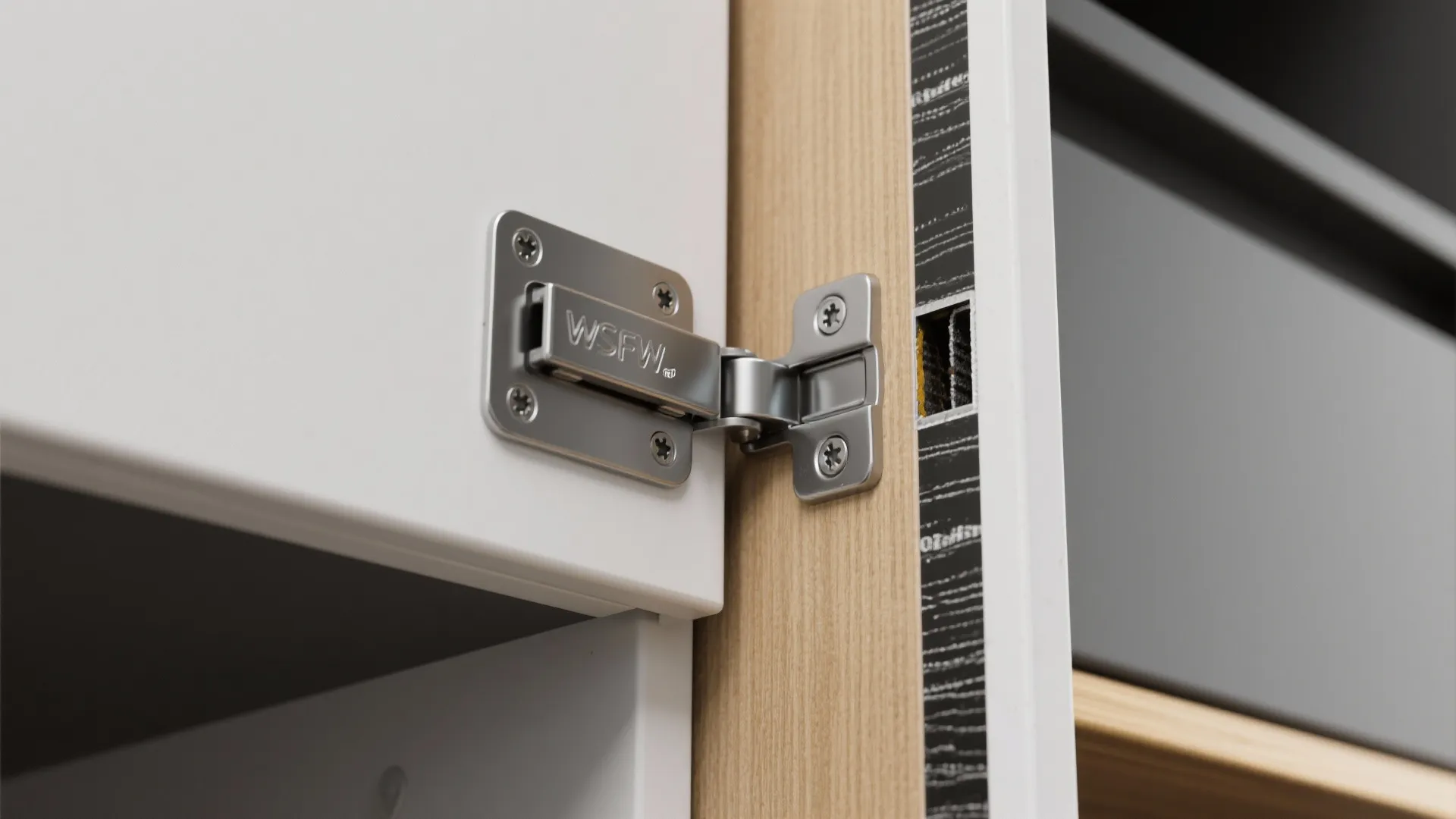 Close up of a silver metal door hinge attached to a white cabinet and wood frame