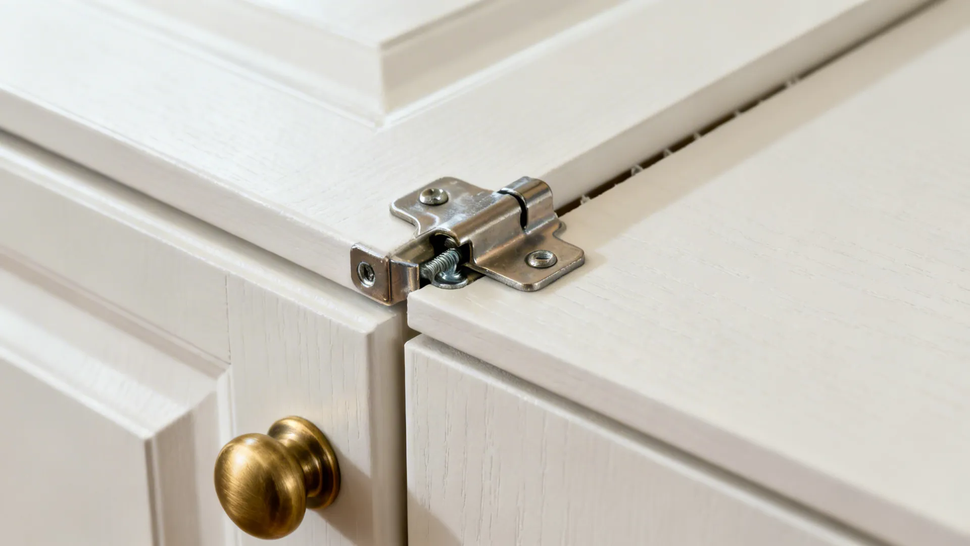 Macro of a concealed soft-close hinge installed on a freshly primed cabinet door with a brass pull.