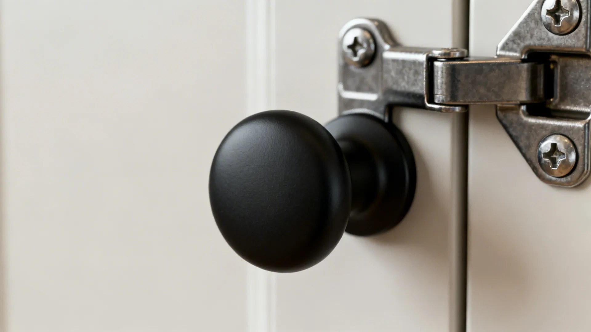Macro shot of modern cabinet pull and soft-close hinge showing hardware detail.