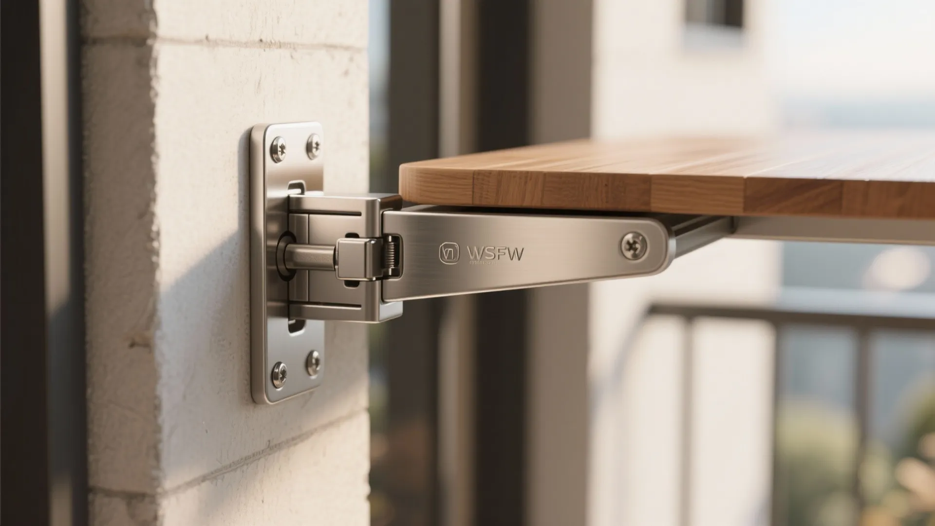 Close up of metal hinge attaching wooden folding table to a white brick balcony wall