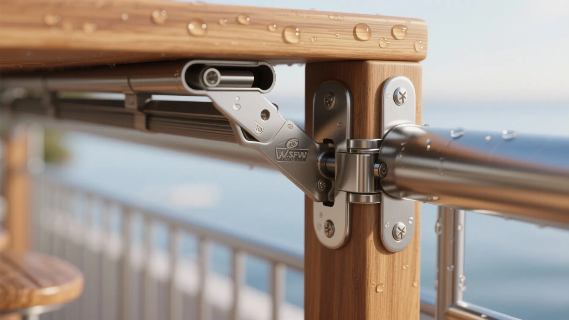 Close up shot of metal hardware connecting wooden table top to outdoor railing with water