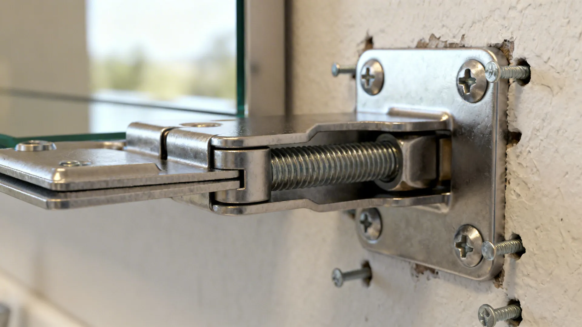 Macro detail of a sturdy hinge and wall anchor used for a fold-down vanity.