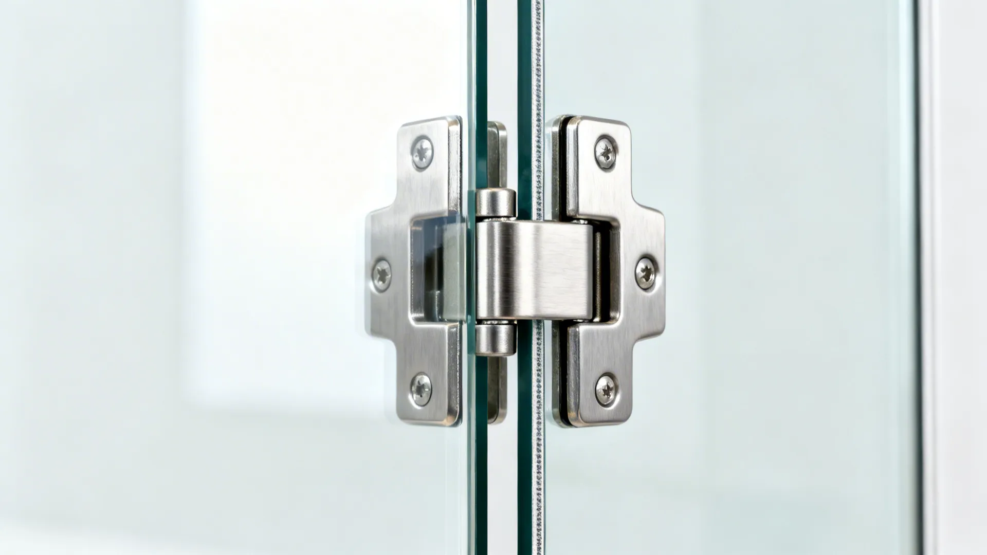 Silver metal hinge connecting two clear glass panels on a modern cabinet or shower door