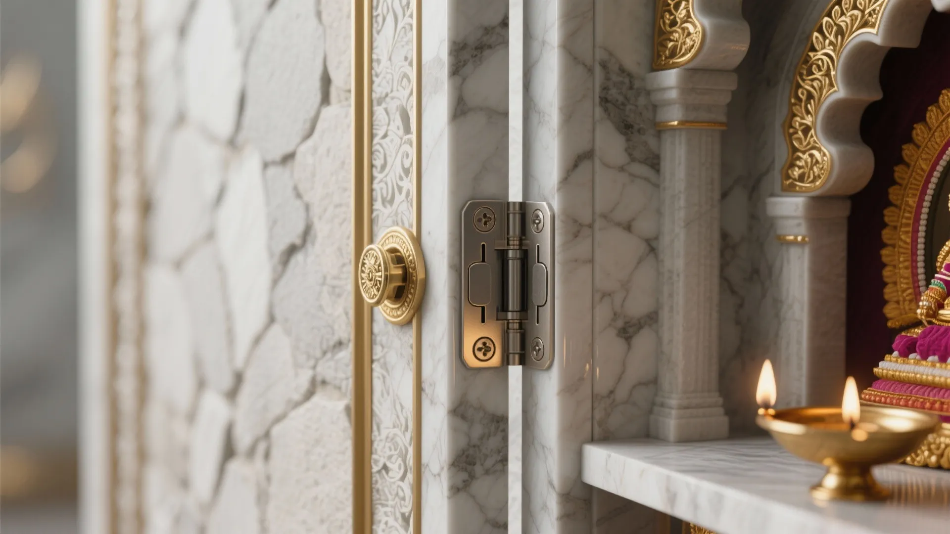 Macro of concealed soft-close hinge and magnetic catch with stone-look interior.