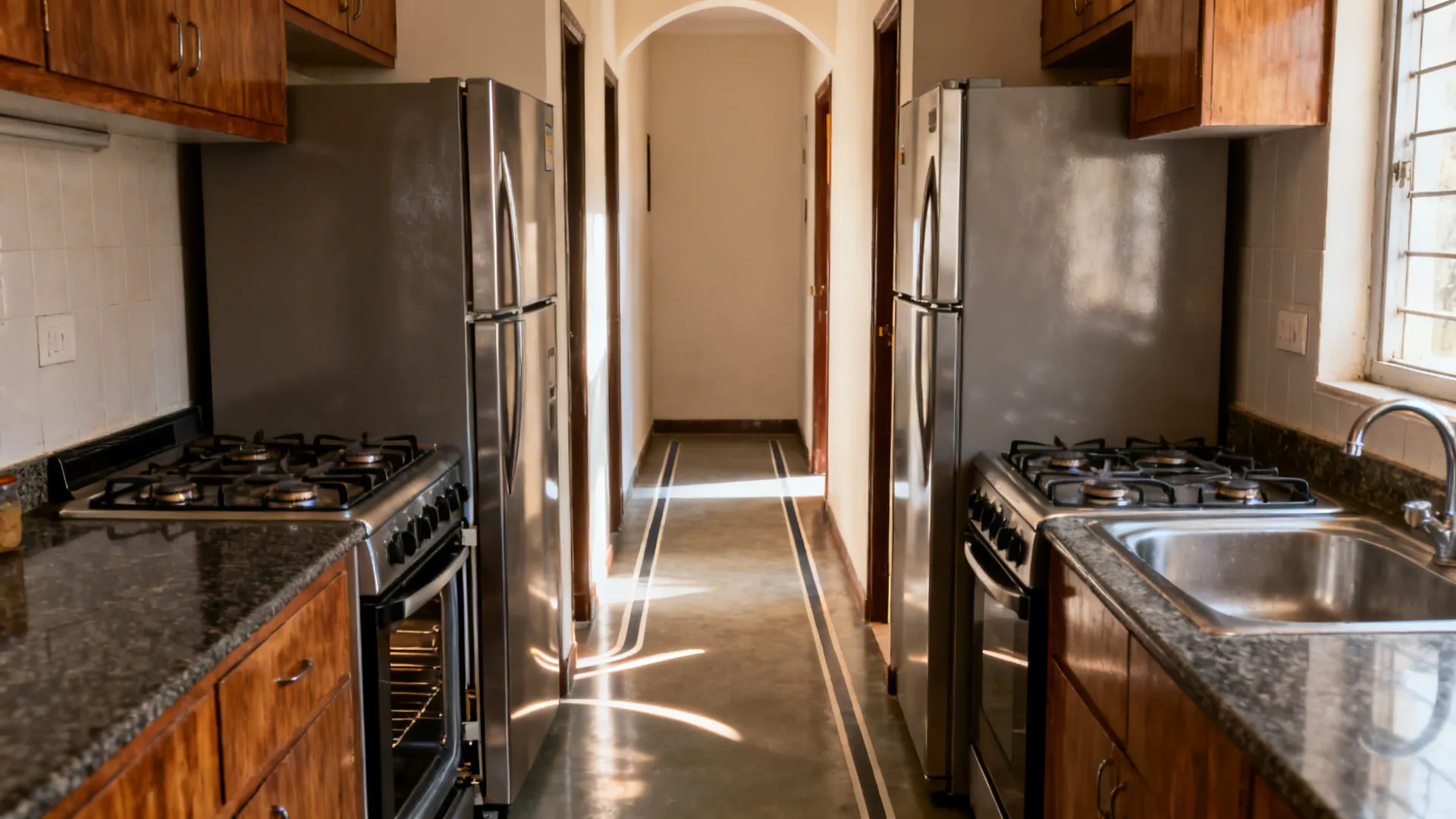 Split view of a galley kitchen comparing left-hinge congestion with right-hinge clear flow.