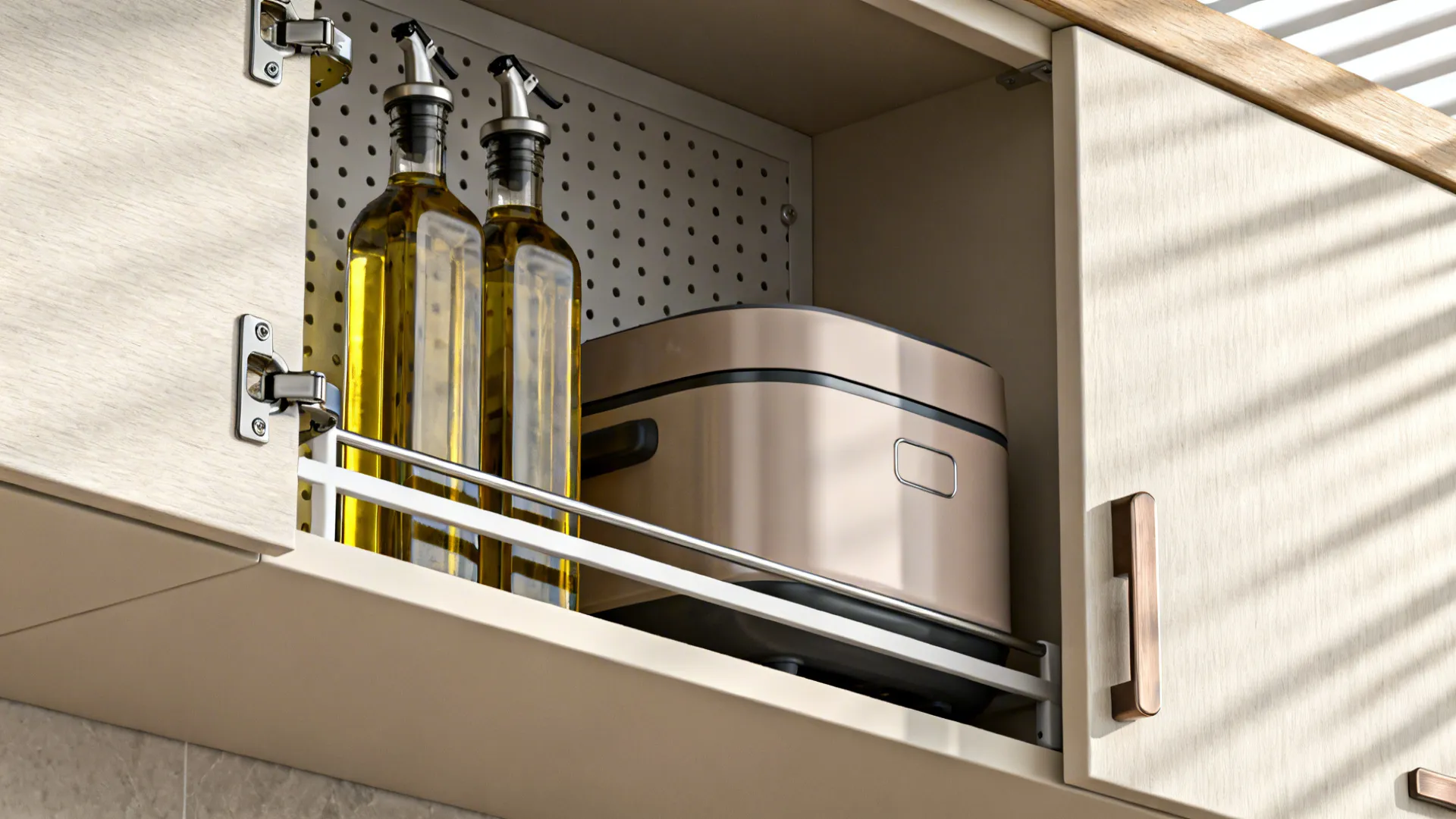 Close-up of soft-close hinge and pegboard storage inside a matte cabinet door.