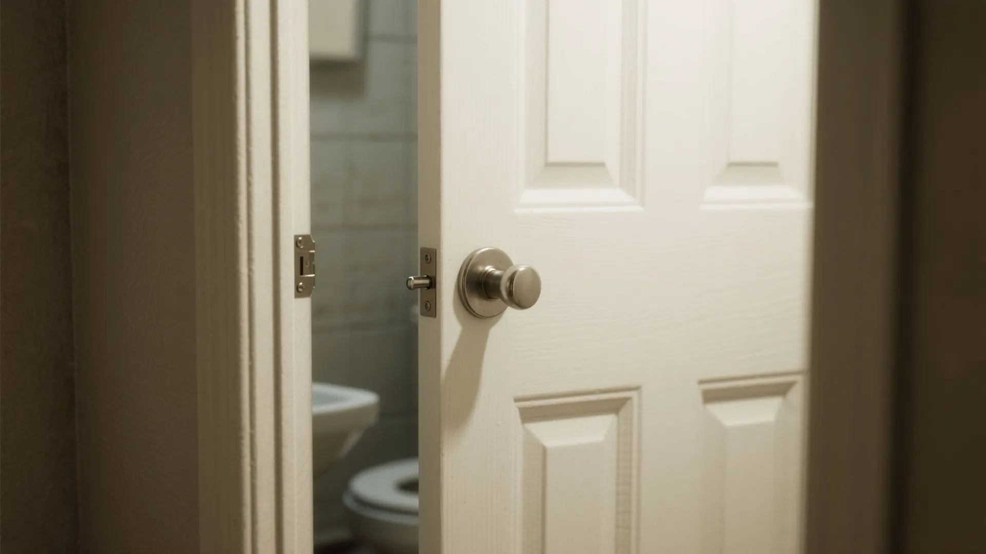 Rental bathroom door with a hinge-pin door stop installed, showing retrofit detail.
