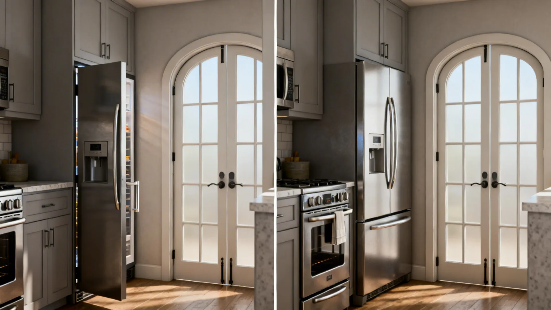 Before-after showing a fridge door blocking an oven handle versus a reversed hinge clearing the path.