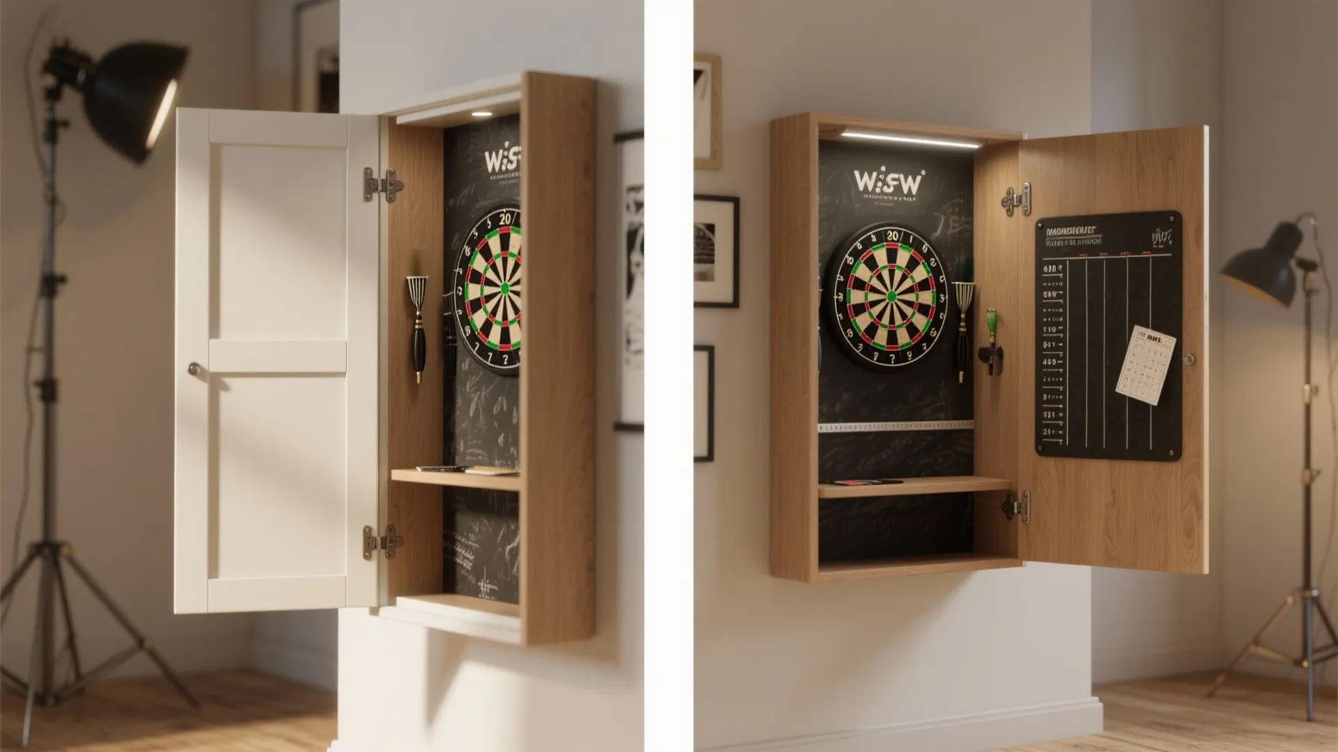 Wooden wall cabinet with an open door showing a dartboard and a black chalkboard scoreboard