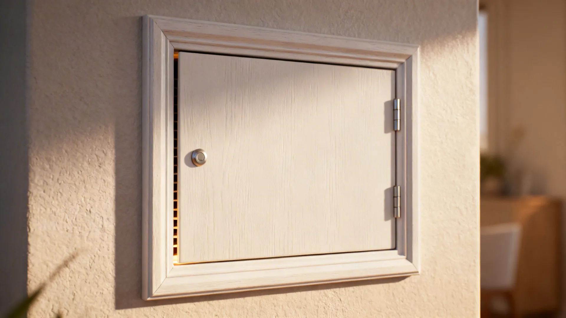 Close-up of a hinged shallow cabinet door designed to conceal an electrical panel.
