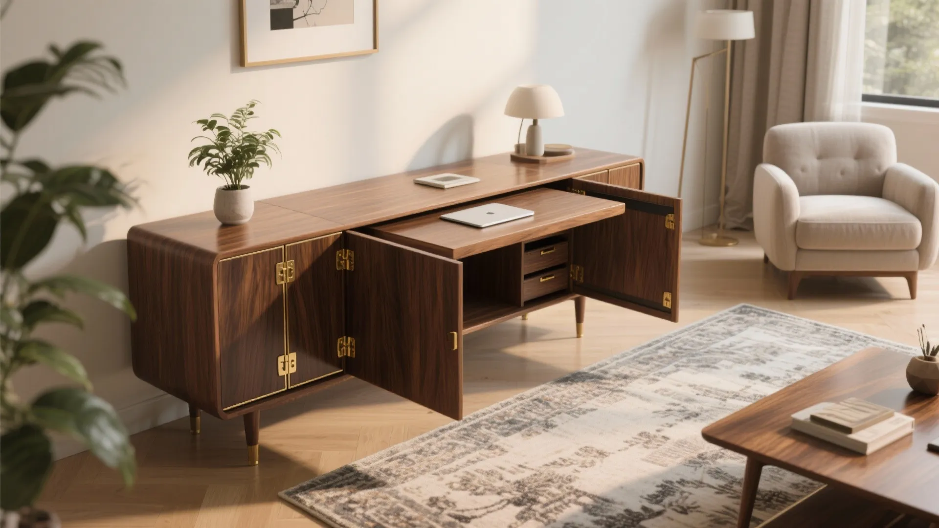 4. Hinged console that flips into a desk