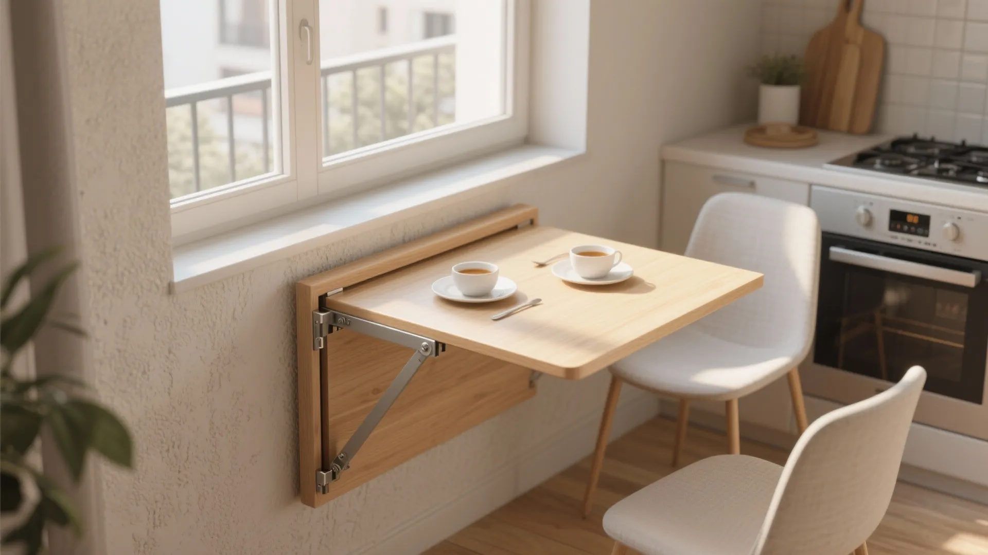 Hinged corner table folded and opened in a balcony-adjacent kitchen, showing bracing and clean joinery.