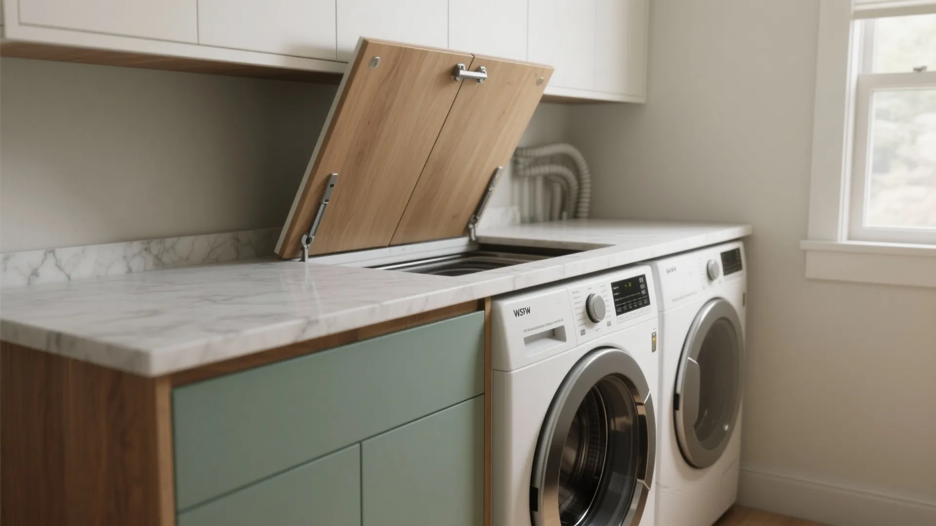 Split hinged countertop bridging washer and dryer, rear panel flipped up to clear top loader lid